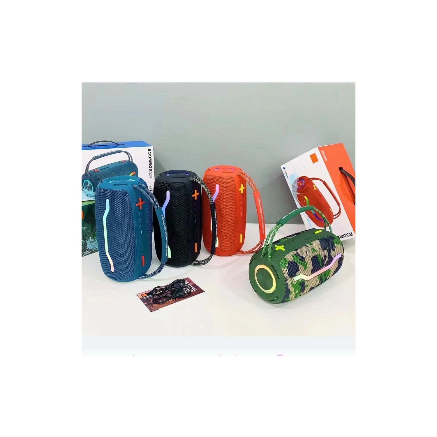 BOX520 portable wireless Bluetooth speaker, atmosphere light, subwoofer, home and outdoor dual-use, card support, desktop speaker, voice prompt - blue