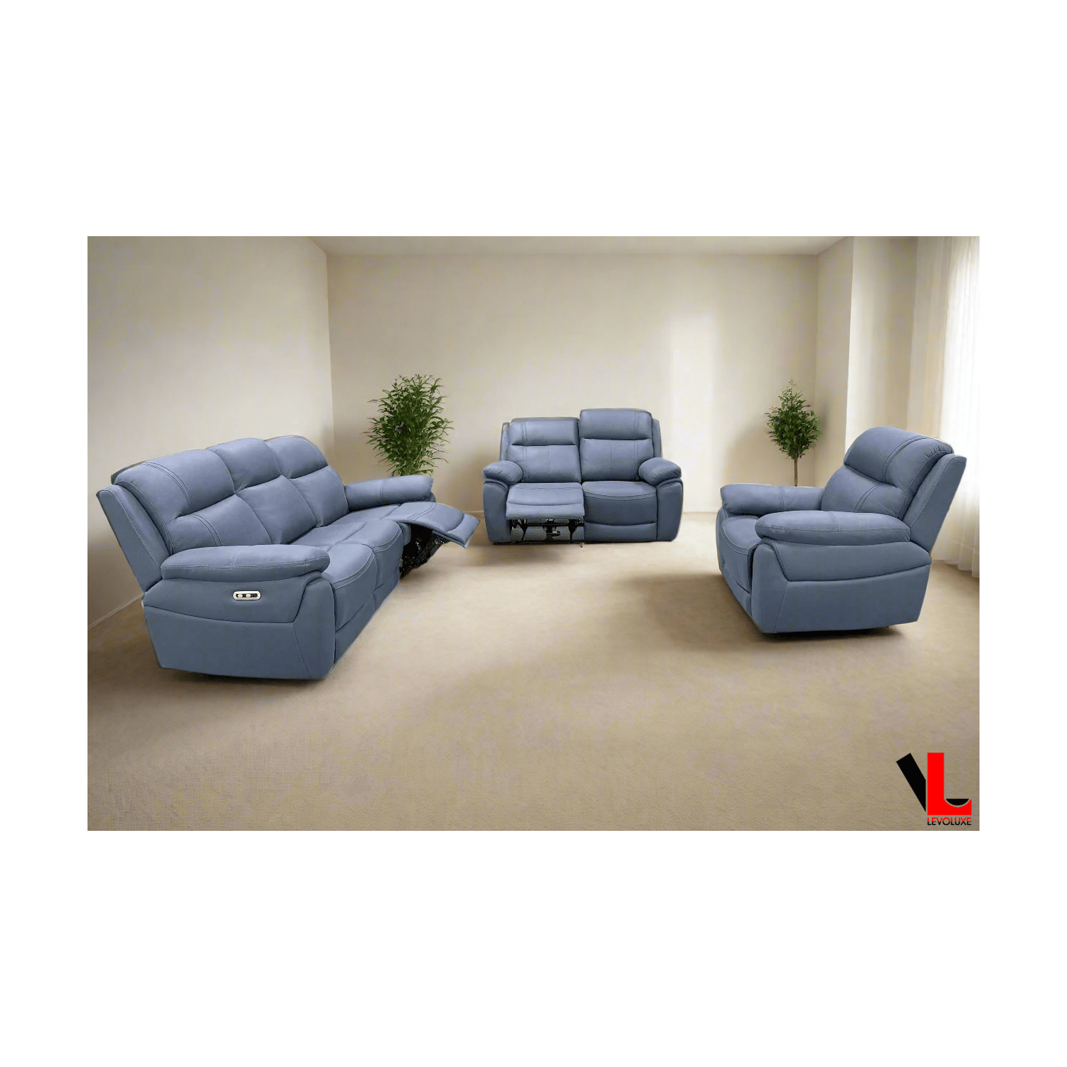 Levoluxe Regent 3 Piece Power Reclining Sofa, Loveseat and Chair with Power Headrests in Jaxxon Blue