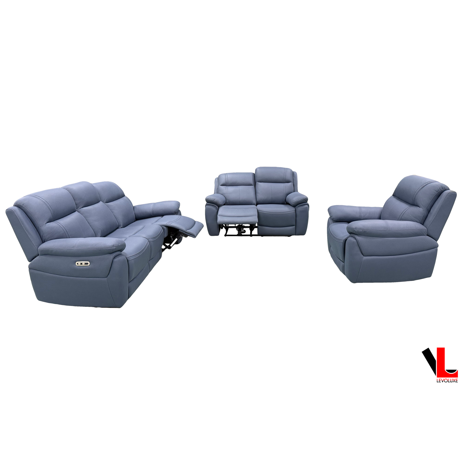 Levoluxe Regent 3 Piece Power Reclining Sofa, Loveseat and Chair with Power Headrests in Jaxxon Blue