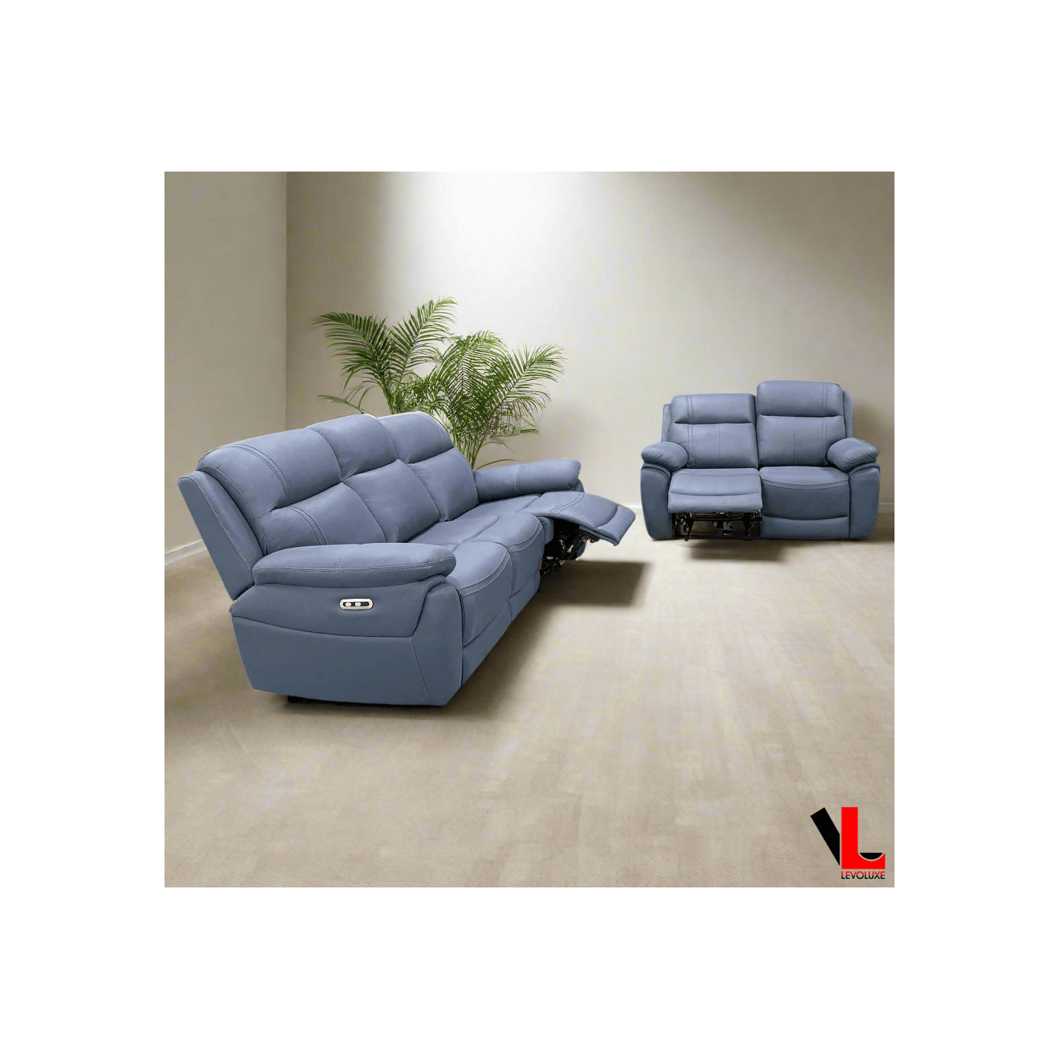 Ensemble de 2 pièces avec divan et causeuse inclinables électriques Regent de Levoluxe, bleu Jaxxon