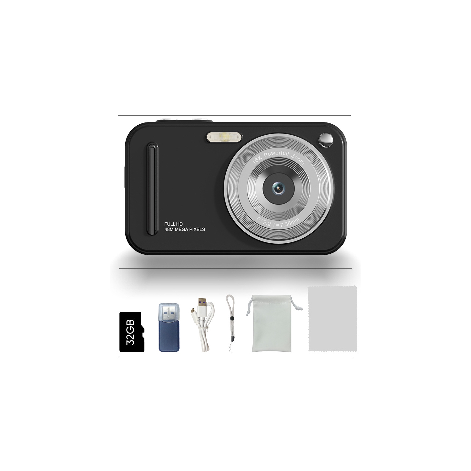 Digital camera CCD student Selfie HD camera portable digital camera anti-shake, wide-angle 2.4-inch HD screen-black + 32G memory card