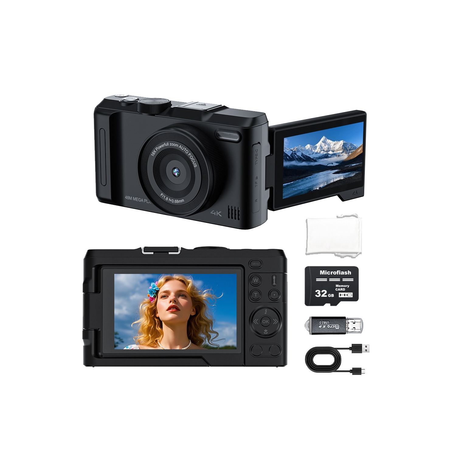 Digital camera CCD digital camera 2K digital camera 3-inch HD screen DX9 neutral home wide-angle, macro, rotating LCD screen, HD camera - black + 32G