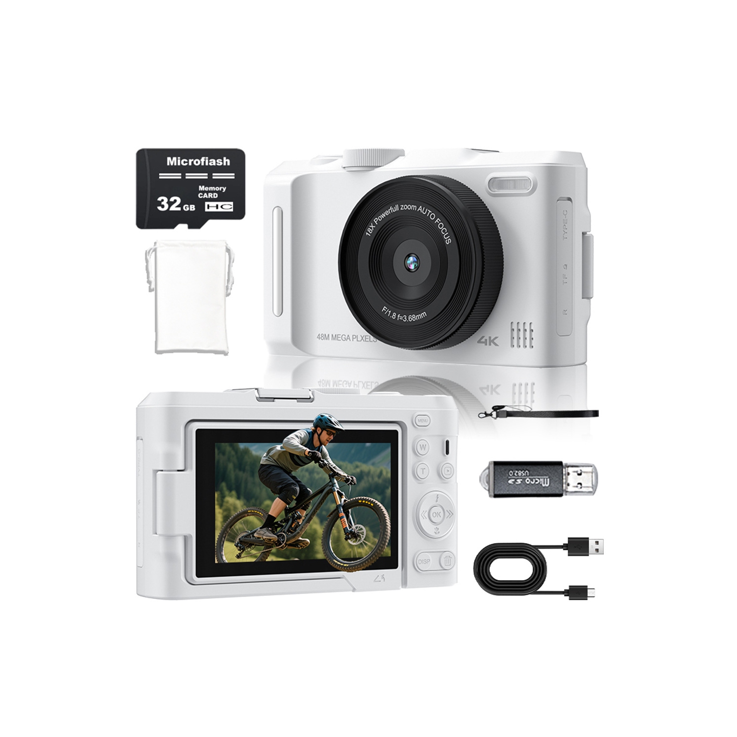 Digital camera CCD digital camera 2K digital camera 3-inch HD screen DX9 neutral home wide-angle, macro, rotating LCD screen, HD camera - white + 32G