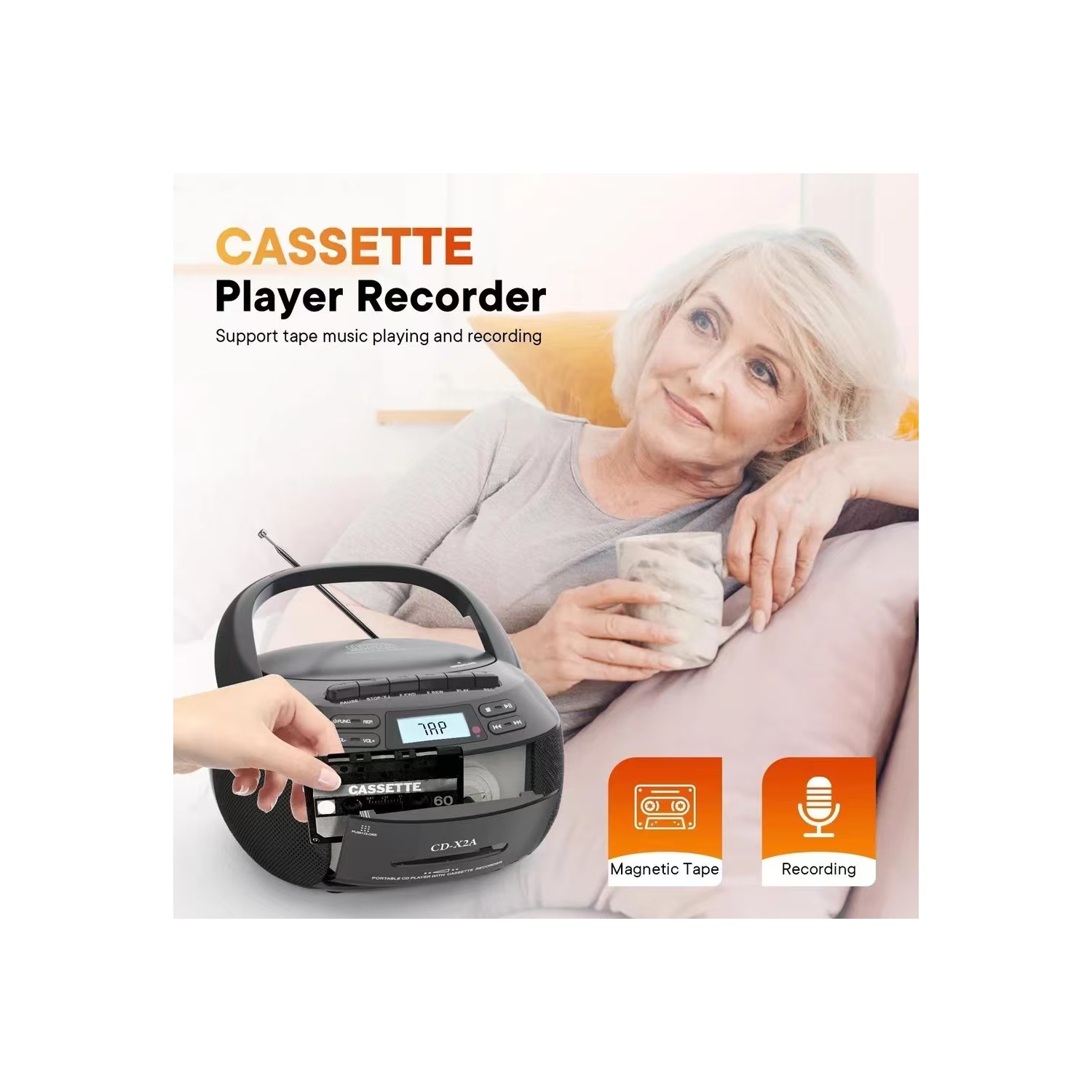 Radio à cassettes Bluetooth multifonctionnelle, lecteur CD portatif, interface USB, fonction d'enregistrement, répétition A-B, Lecteur de CD,