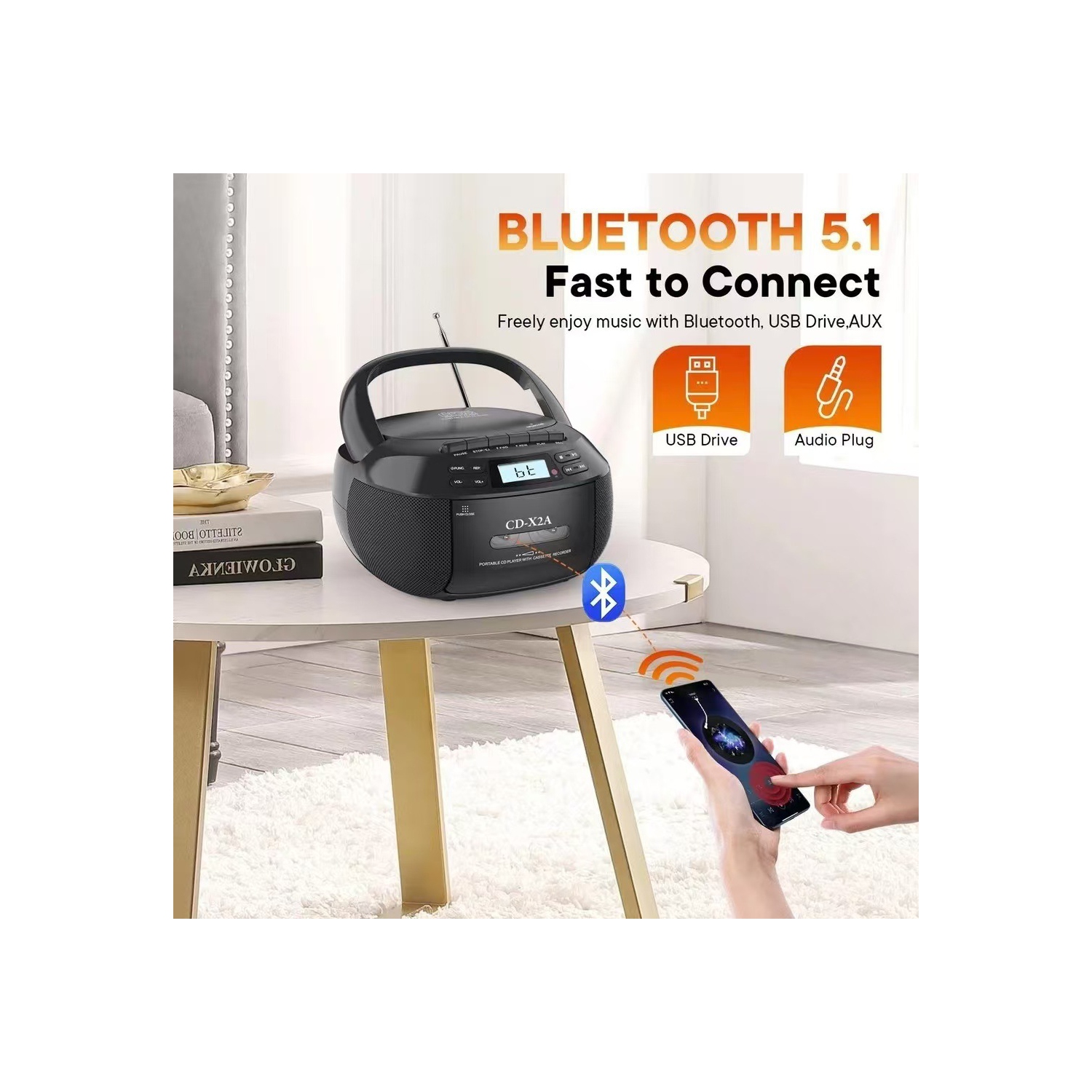 Radio à cassettes Bluetooth multifonctionnelle, lecteur CD portatif, interface USB, fonction d'enregistrement, répétition A-B, Lecteur de CD,