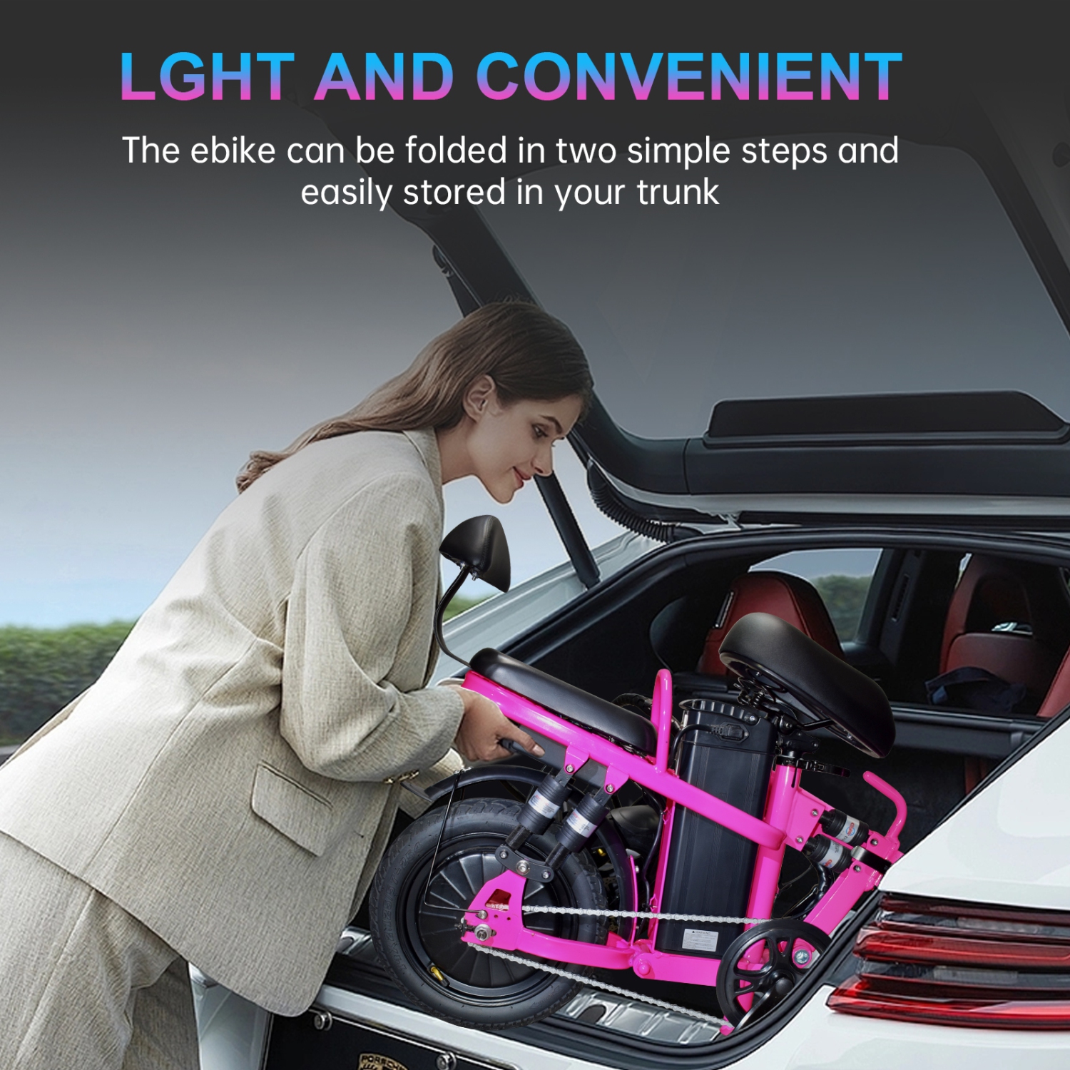 ZACHVO Foldable Electric Bicycle, 500W Peak Motor 45 Miles 80KM MAX Range, Upgraded E-bike with Front Basket, Phone Holder and Digital Display - Pink