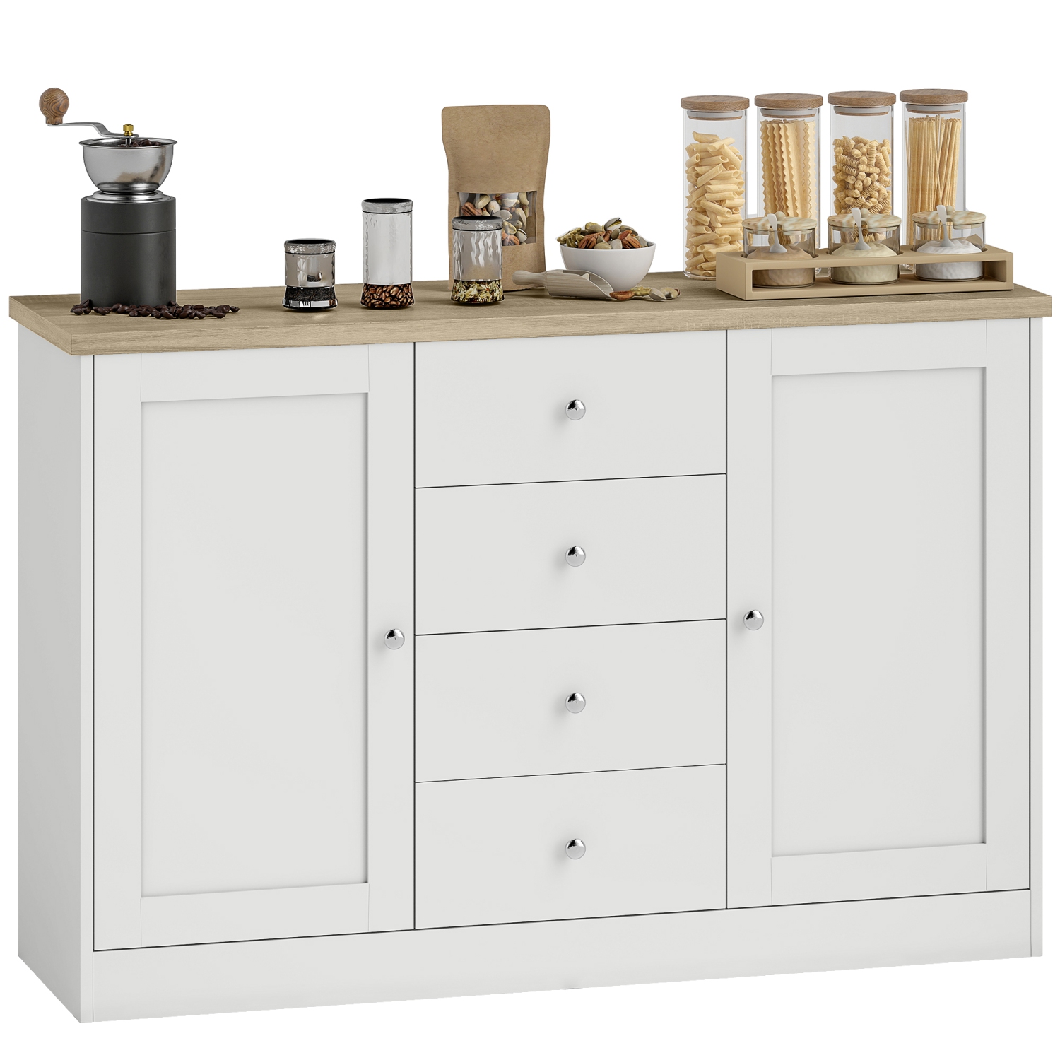 HOMCOM Country Style Sideboard Buffet Cabinet with Storage, Coffee Bar Cabinet with Adjustable Shelf, 2 Shaker Doors and 4 Drawers, White