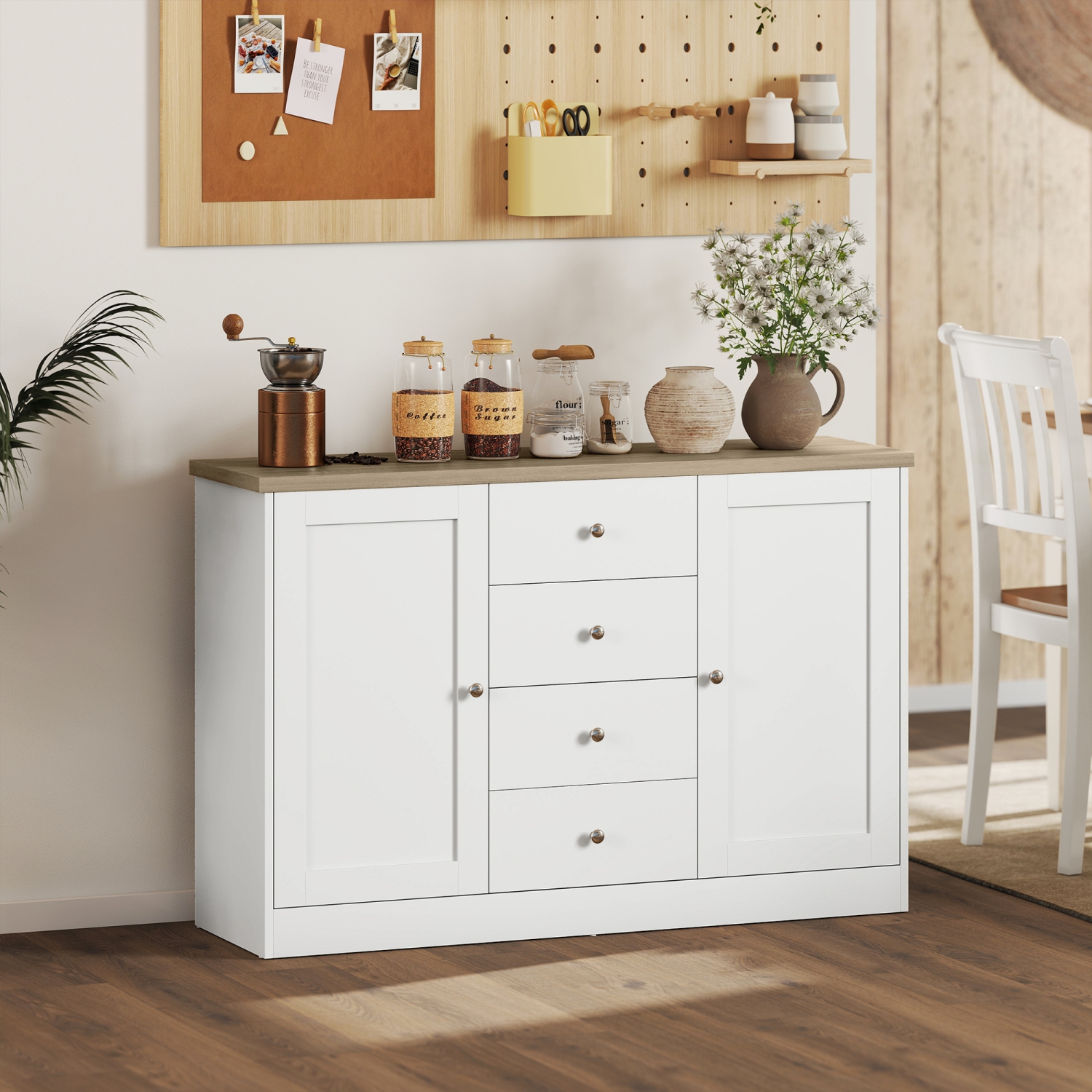 HOMCOM Country Style Sideboard Buffet Cabinet with Storage, Coffee Bar Cabinet with Adjustable Shelf, 2 Shaker Doors and 4 Drawers, White