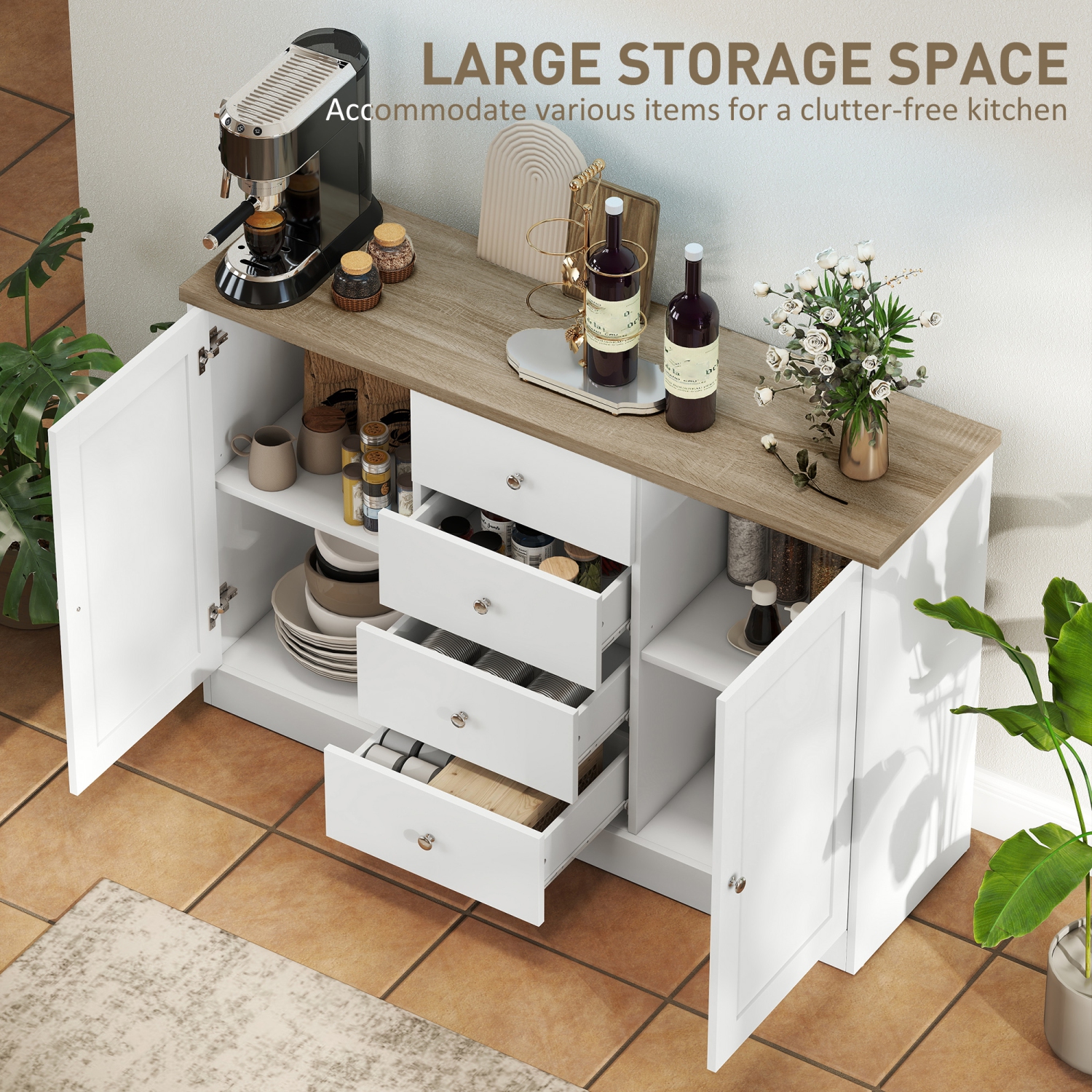 HOMCOM Country Style Sideboard Buffet Cabinet with Storage, Coffee Bar Cabinet with Adjustable Shelf, 2 Shaker Doors and 4 Drawers, White