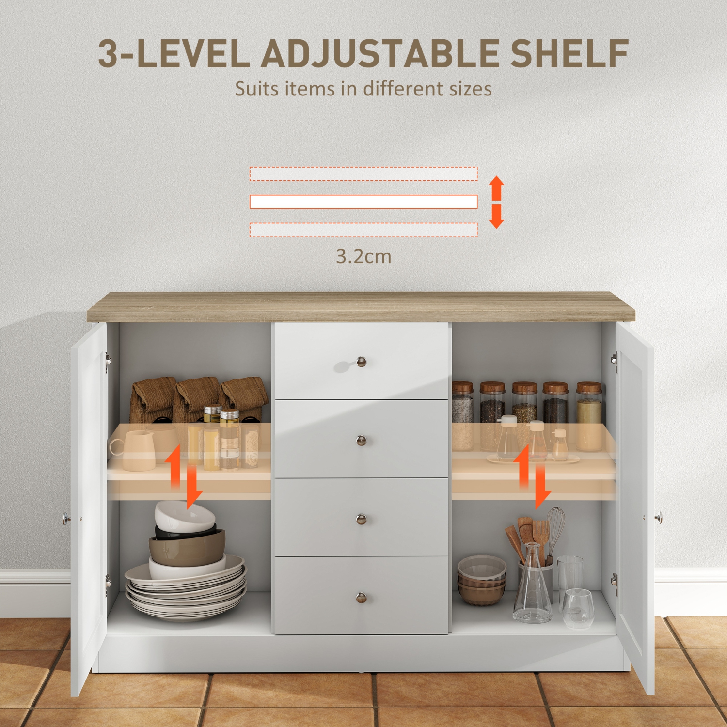 HOMCOM Country Style Sideboard Buffet Cabinet with Storage, Coffee Bar Cabinet with Adjustable Shelf, 2 Shaker Doors and 4 Drawers, White