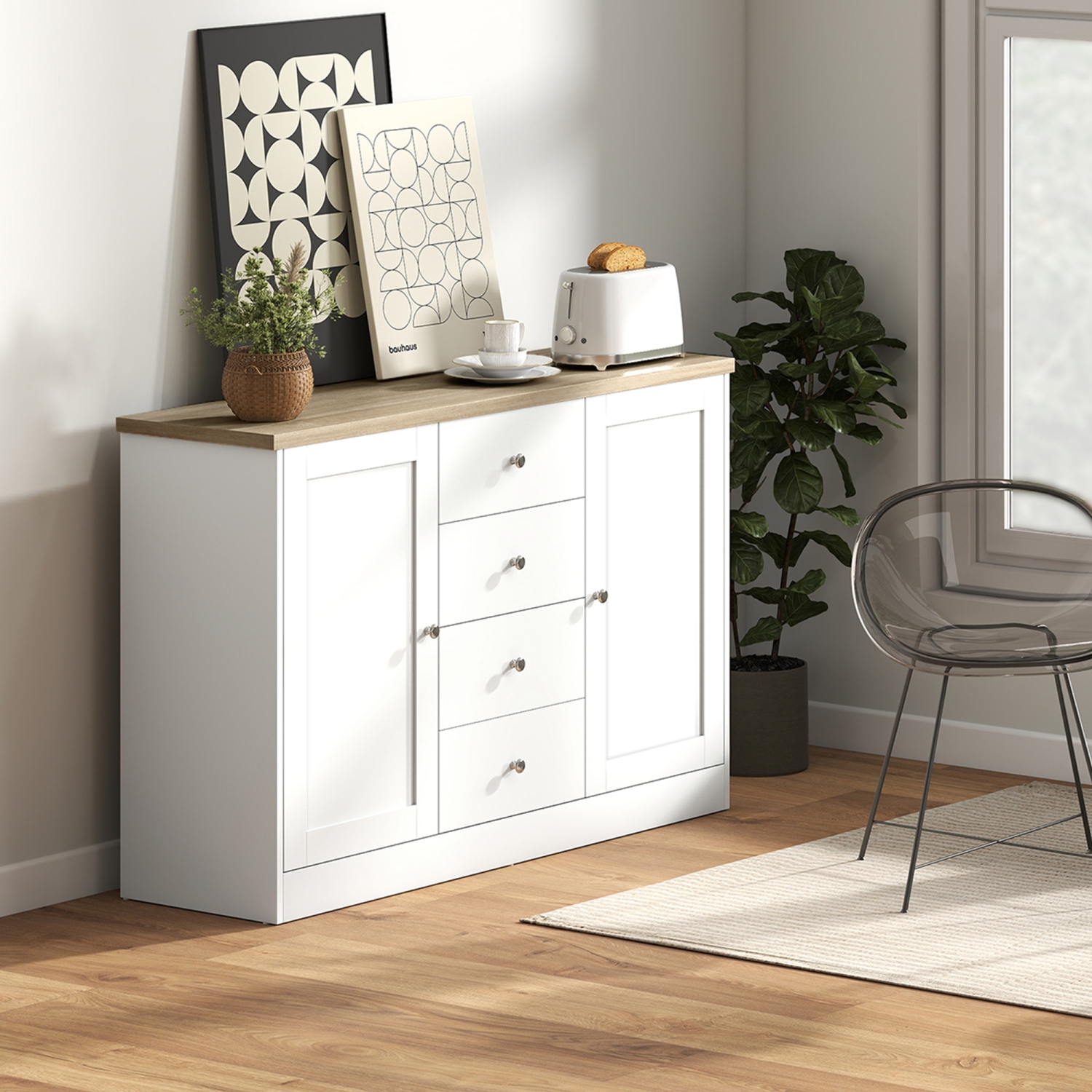 HOMCOM Country Style Sideboard Buffet Cabinet with Storage, Coffee Bar Cabinet with Adjustable Shelf, 2 Shaker Doors and 4 Drawers, White