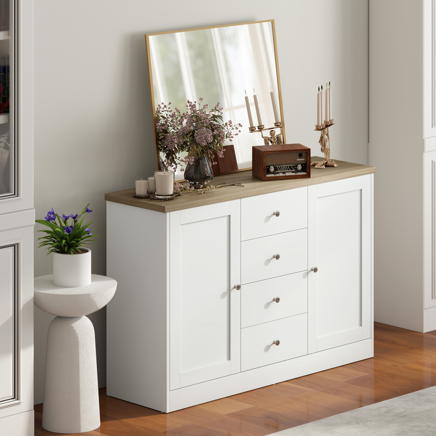 HOMCOM Country Style Sideboard Buffet Cabinet with Storage, Coffee Bar Cabinet with Adjustable Shelf, 2 Shaker Doors and 4 Drawers, White