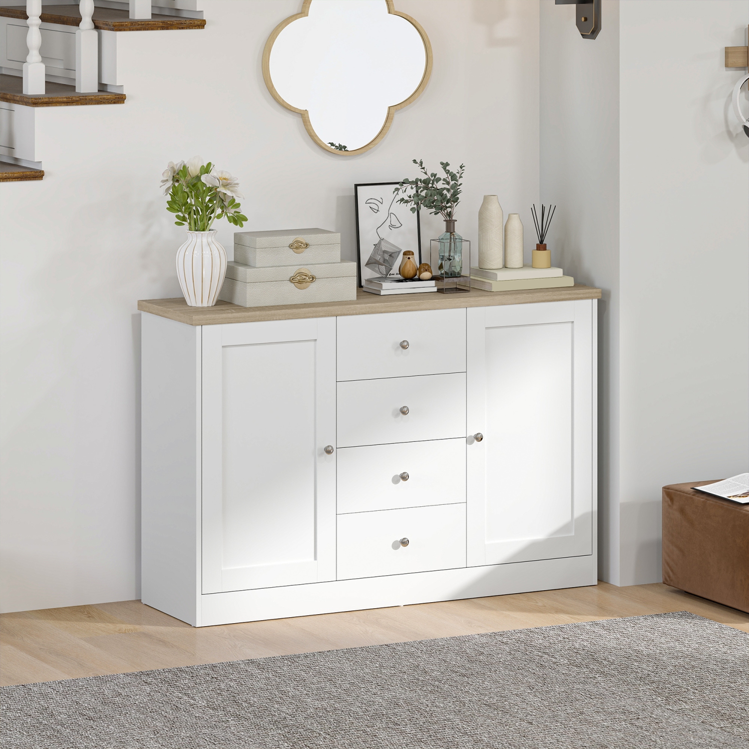 HOMCOM Country Style Sideboard Buffet Cabinet with Storage, Coffee Bar Cabinet with Adjustable Shelf, 2 Shaker Doors and 4 Drawers, White