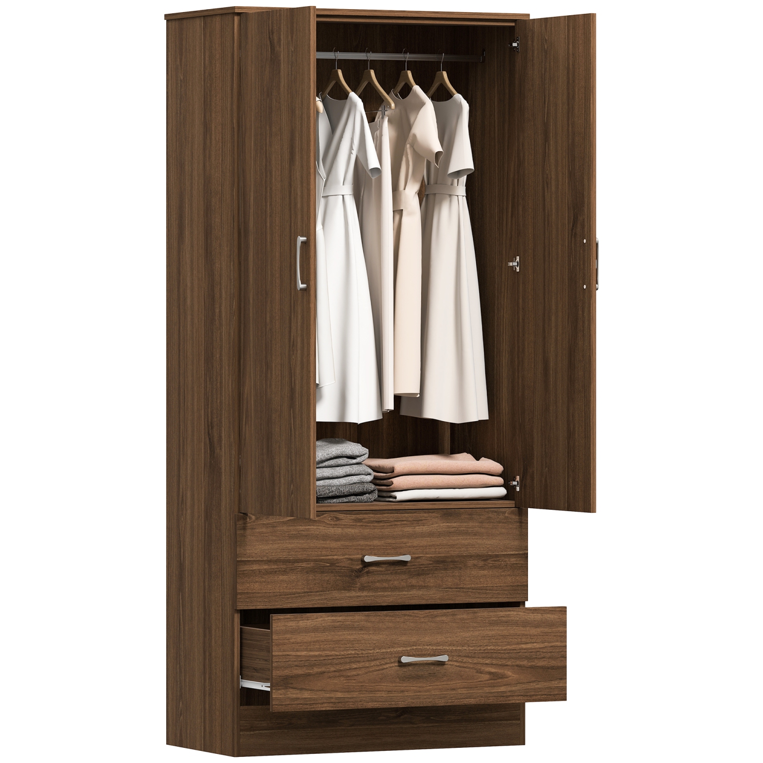 HOMCOM Modern Wardrobe Closet Armoire with Hanging Rod and 2 Doors, Clothes Storage Organizer with 2 Drawers, Anti-Tipping Design for Bedroom, Walnut