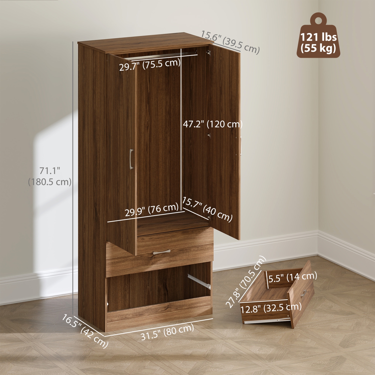 HOMCOM Modern Wardrobe Closet Armoire with Hanging Rod and 2 Doors, Clothes Storage Organizer with 2 Drawers, Anti-Tipping Design for Bedroom, Walnut