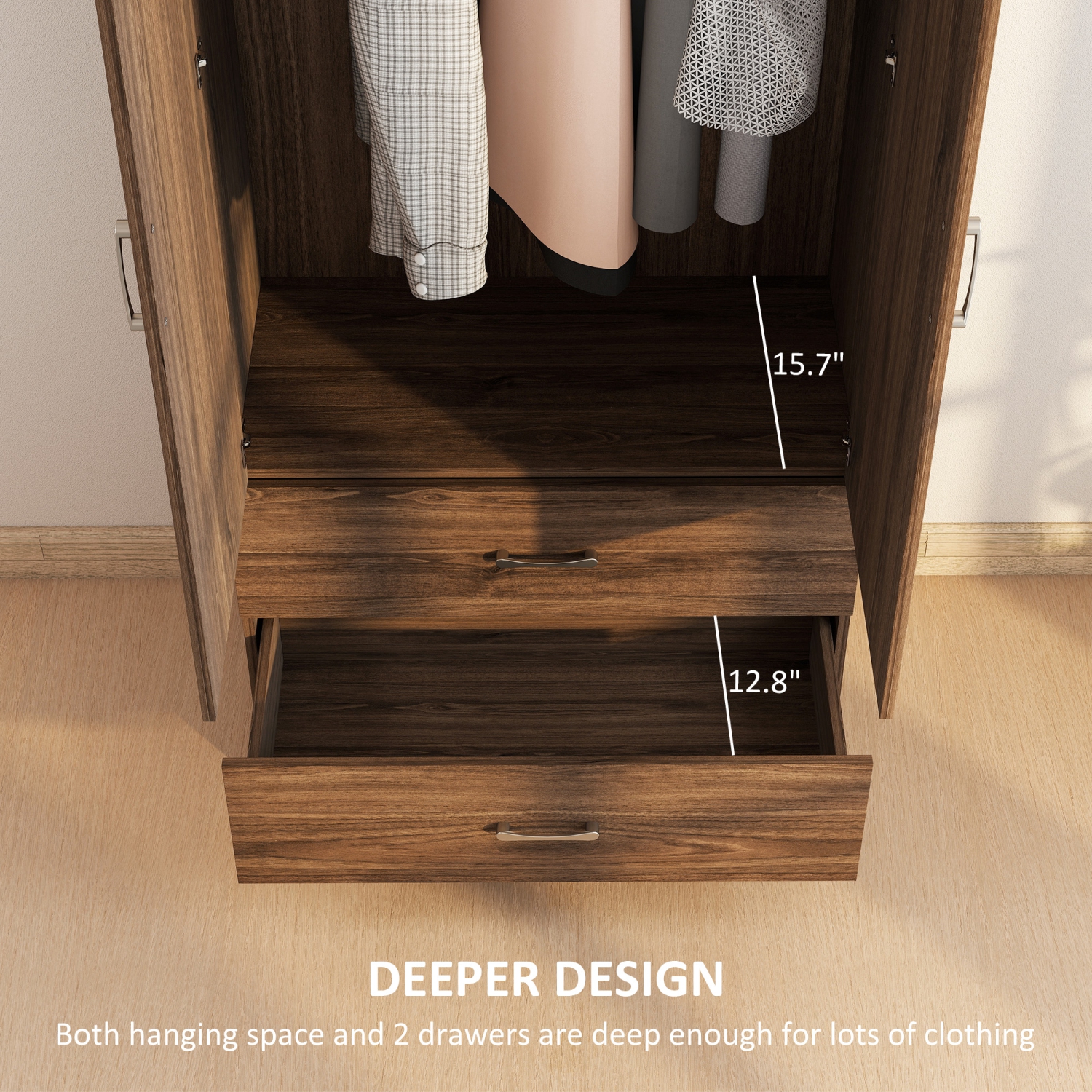 HOMCOM Modern Wardrobe Closet Armoire with Hanging Rod and 2 Doors, Clothes Storage Organizer with 2 Drawers, Anti-Tipping Design for Bedroom, Walnut