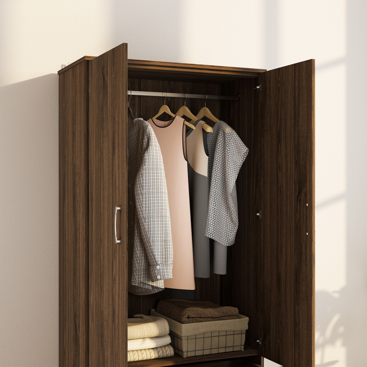 HOMCOM Modern Wardrobe Closet Armoire with Hanging Rod and 2 Doors, Clothes Storage Organizer with 2 Drawers, Anti-Tipping Design for Bedroom, Walnut