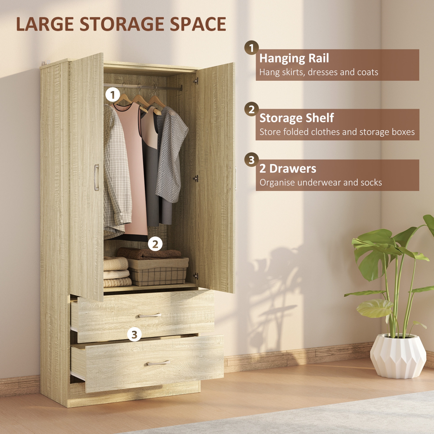 HOMCOM Modern Wardrobe Closet Armoire with Hanging Rod and 2 Doors, Clothes Storage Organizer with 2 Drawers, Anti-Tipping Design for Bedroom, Oak
