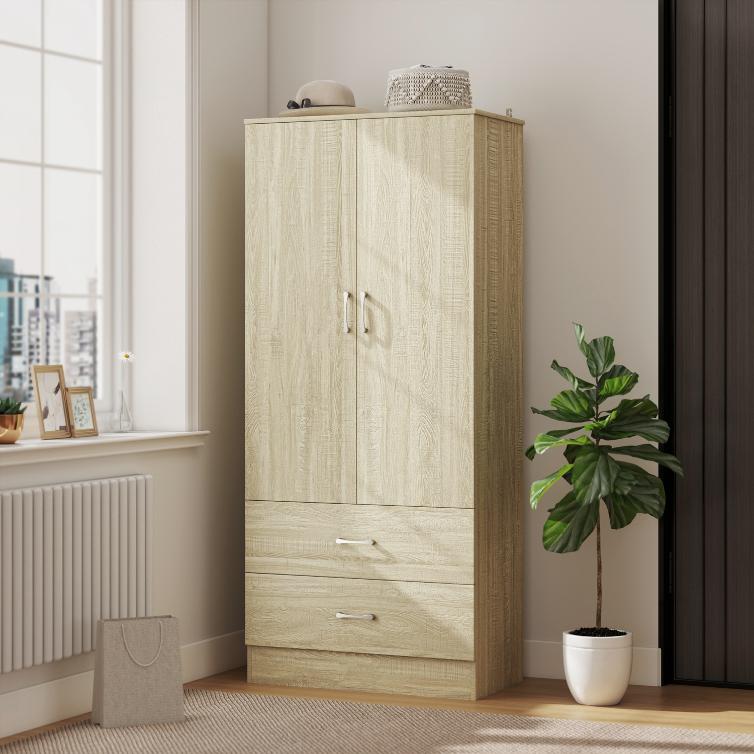 HOMCOM Modern Wardrobe Closet Armoire with Hanging Rod and 2 Doors, Clothes Storage Organizer with 2 Drawers, Anti-Tipping Design for Bedroom, Oak