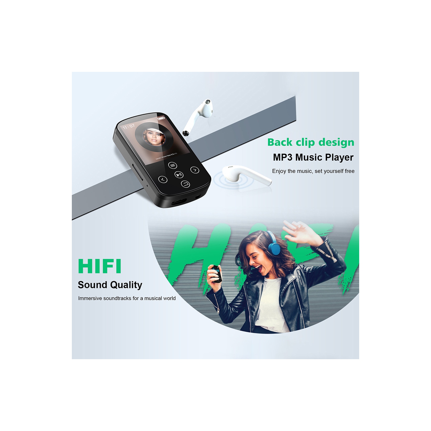 Portable Bluetooth MP3 Player with FM Radio, Voice Recorder, E-Book Reader – 1.5 Inch Touch Screen, 210mAh Battery, Lightweight Clip-on Design,