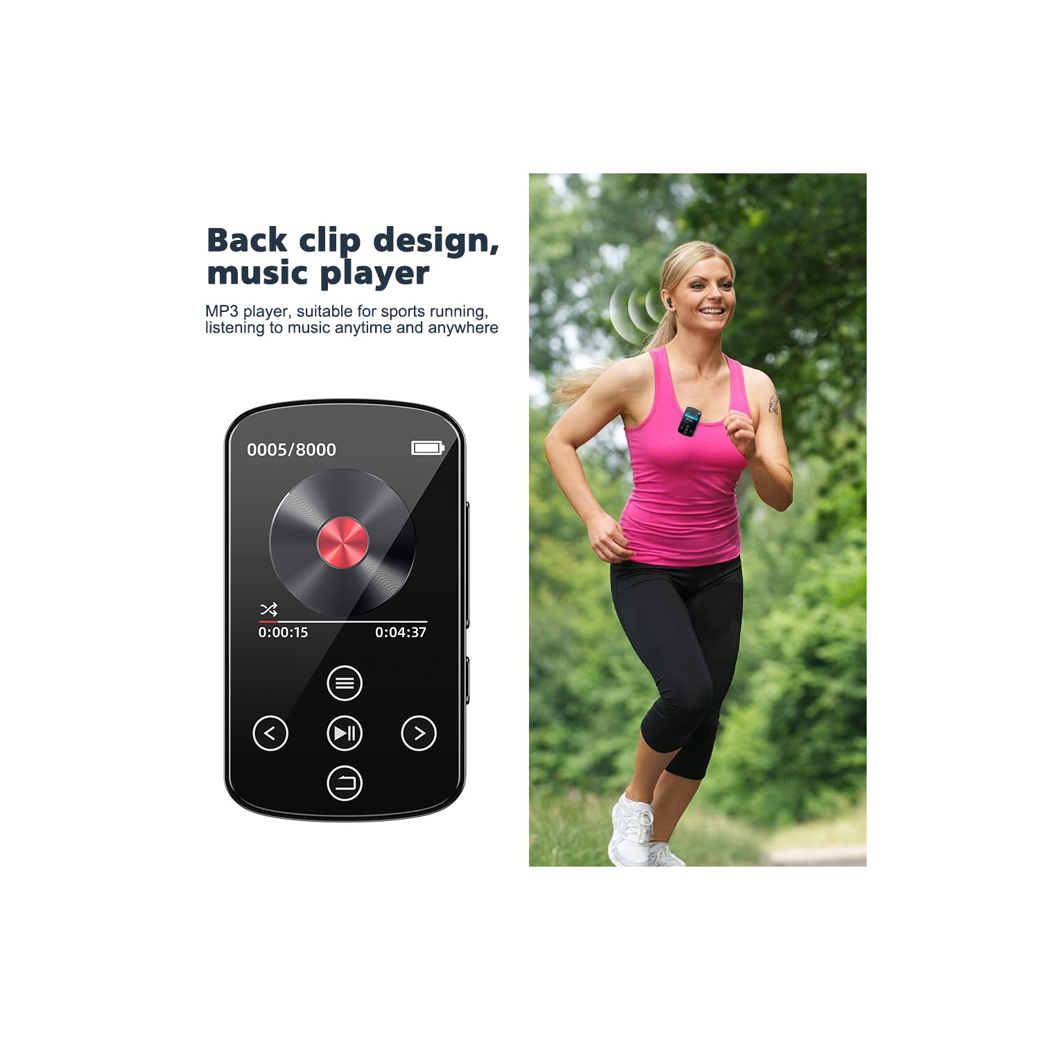 Portable Bluetooth MP3 Player with FM Radio, Voice Recorder, E-Book Reader – 1.5 Inch Touch Screen, 210mAh Battery, Lightweight Clip-on Design,