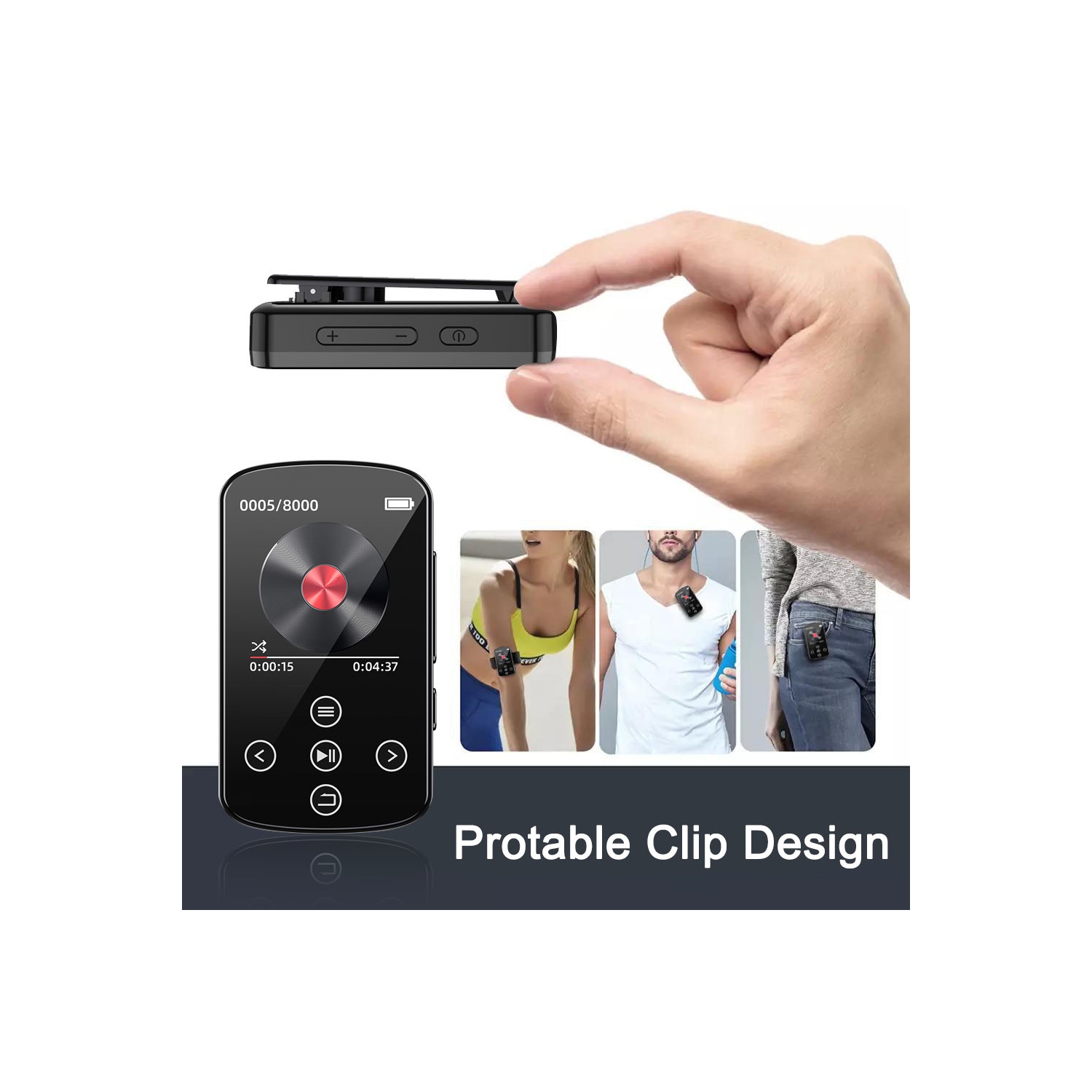 Portable Bluetooth MP3 Player with FM Radio, Voice Recorder, E-Book Reader – 1.5 Inch Touch Screen, 210mAh Battery, Lightweight Clip-on Design,