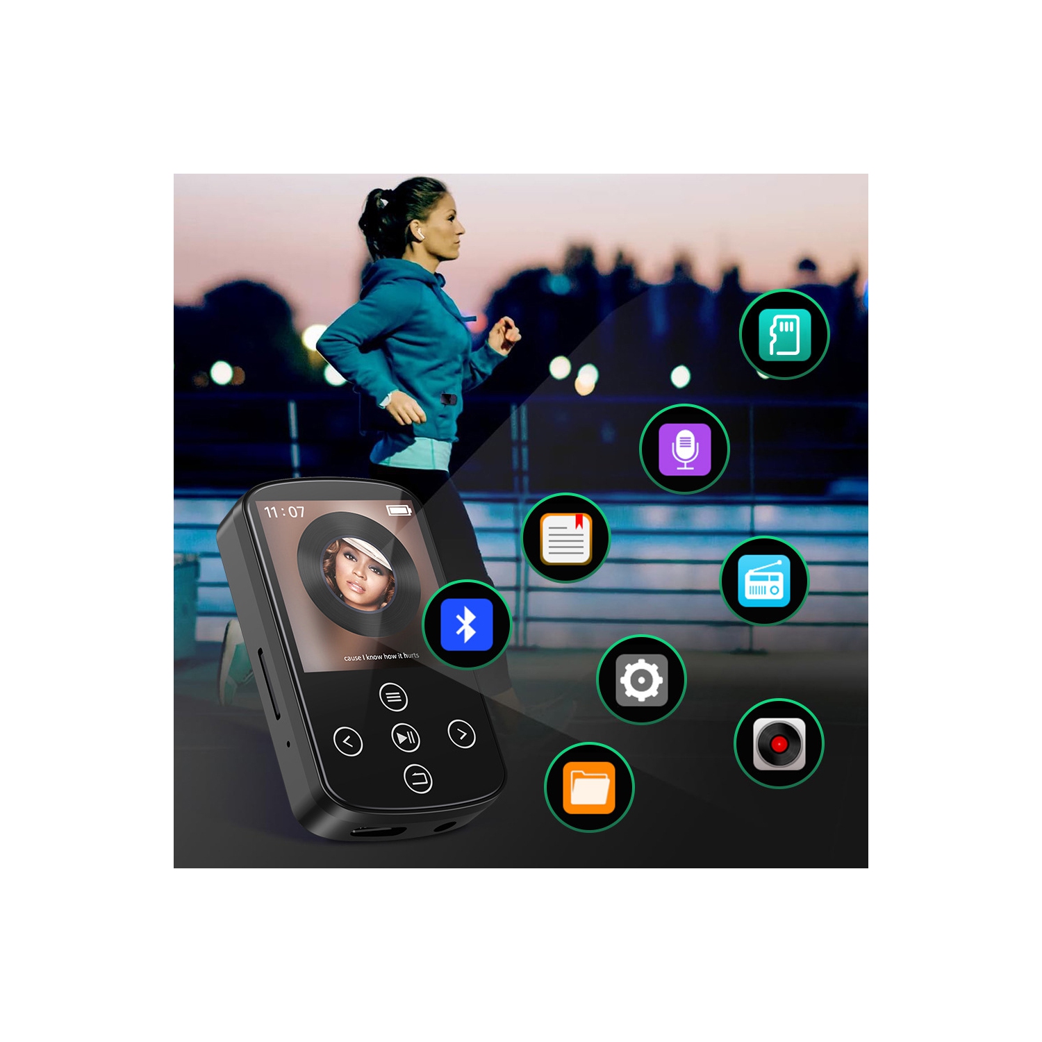 Portable Bluetooth MP3 Player with FM Radio, Voice Recorder, E-Book Reader – 1.5 Inch Touch Screen, 210mAh Battery, Lightweight Clip-on Design,