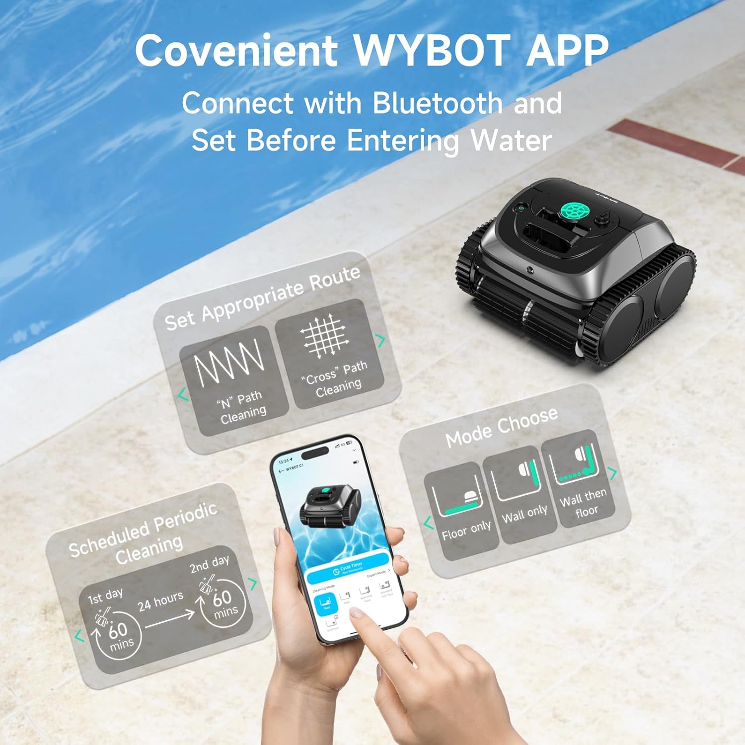 WYBOT C1 Cordless Pool Vacuum, Wall & Waterline Cleaning, Pool Cleaner Robot with Smart Route Planning, 150 Mins Runtime, Inground Pools Up to 1,614