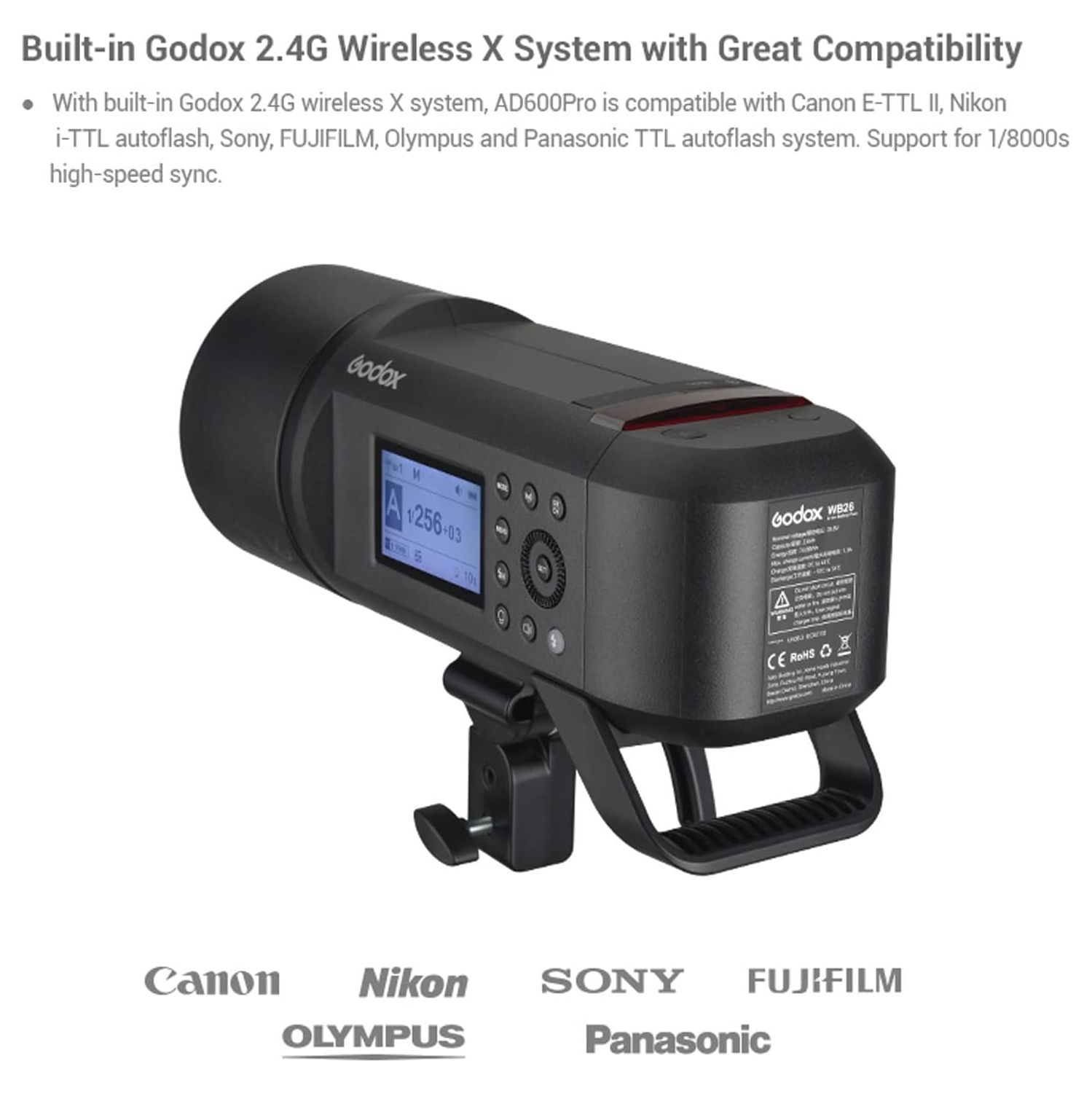 Remis à neuf - Flash AD600 Pro de Godox - Flash TTL de 600 W pour l'extérieur avec système sans fil X 2,4 GHz intégré, batterie au lithium-ion, lampe