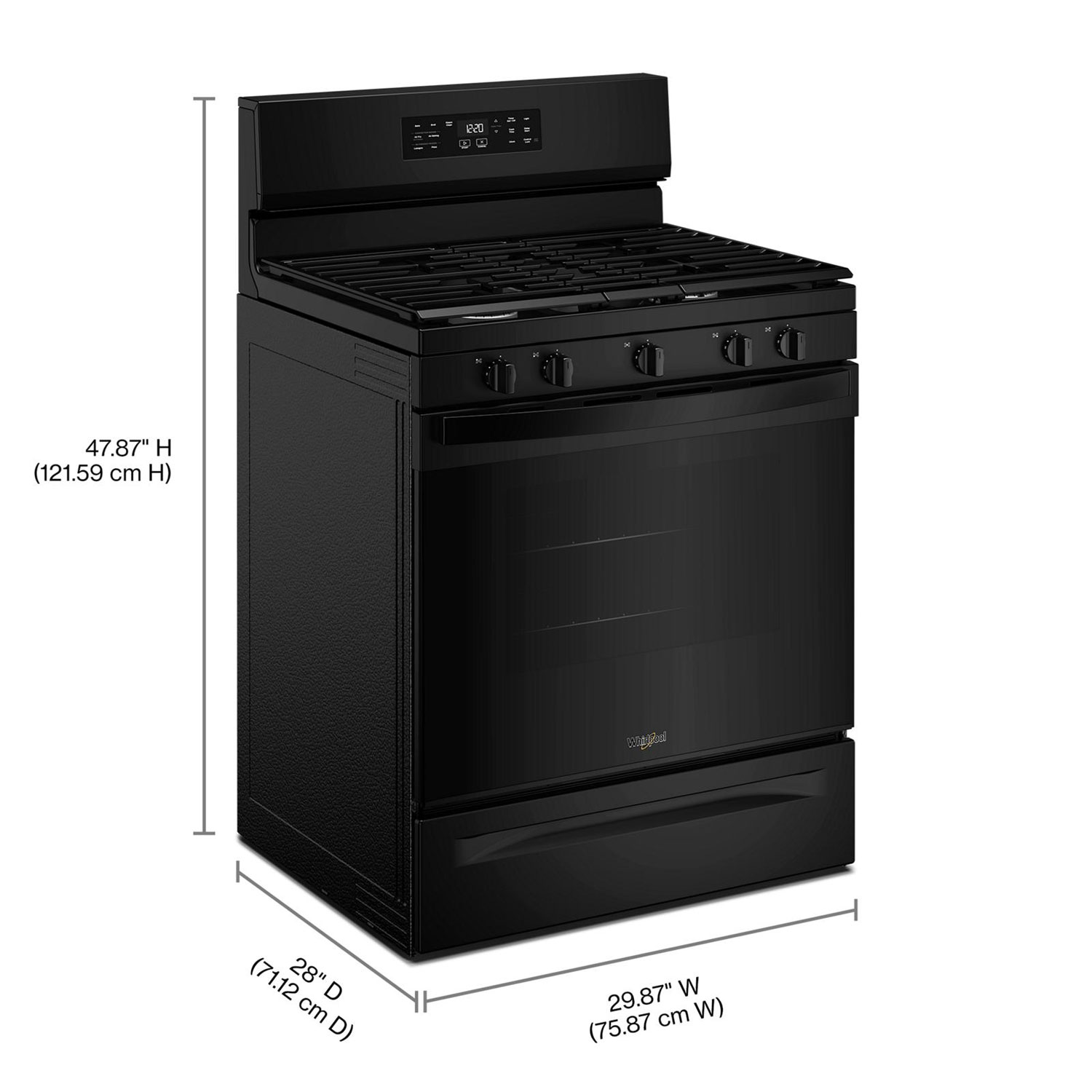 Cuisinière au gaz autonome 30 po avec 5 brûleurs, ventilateur à convection, friture à air chaud et four de 5 pi³ de Whirlpool - Noir