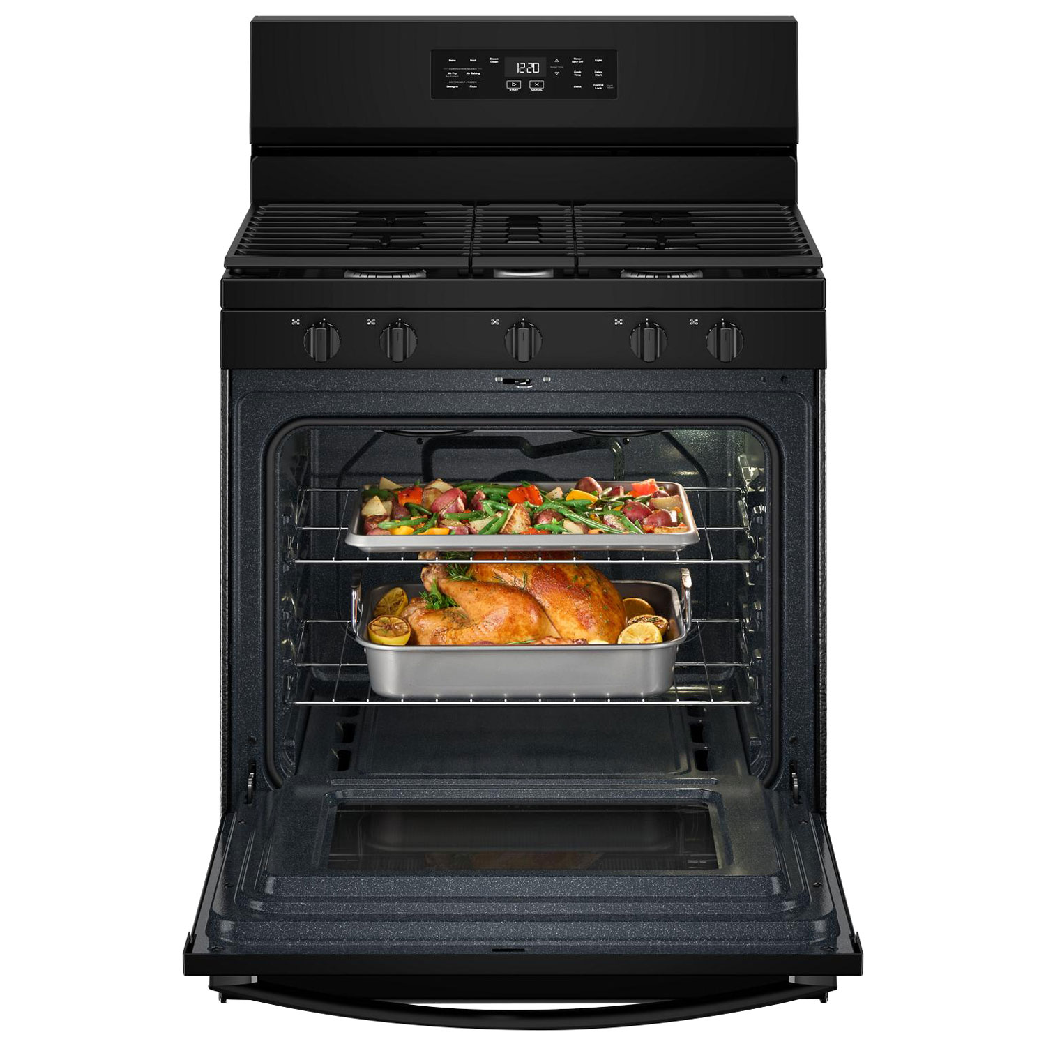 Cuisinière au gaz autonome 30 po avec 5 brûleurs, ventilateur à convection, friture à air chaud et four de 5 pi³ de Whirlpool - Noir