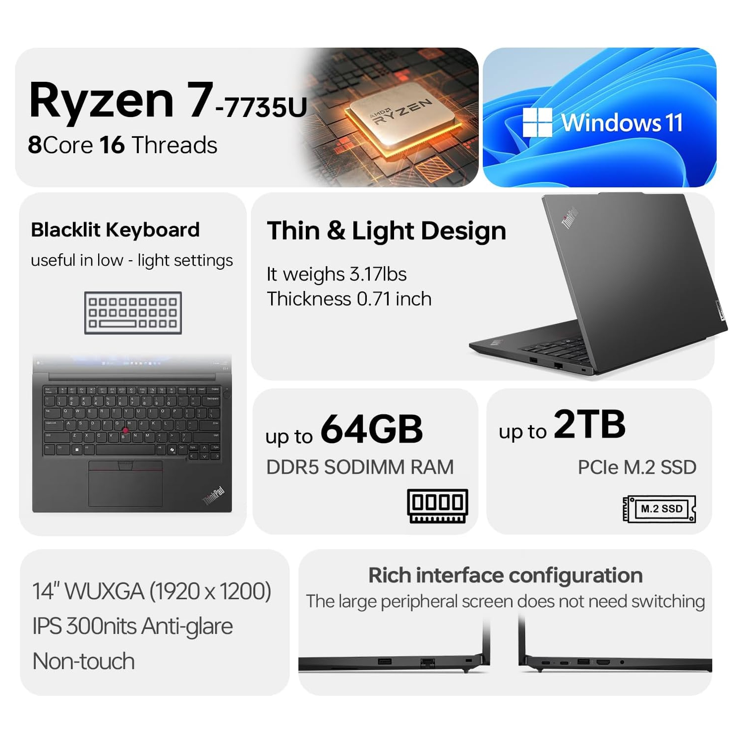 Lenovo ThinkPad E14 Mobile Workstation Laptop, 14" FHD+ 1920 * 1200, AMD Ryzen 7 7735U, 16GB DDR5 RAM, 512GB SSD, Fingerprint, Webcam, Backlit, Wi-Fi