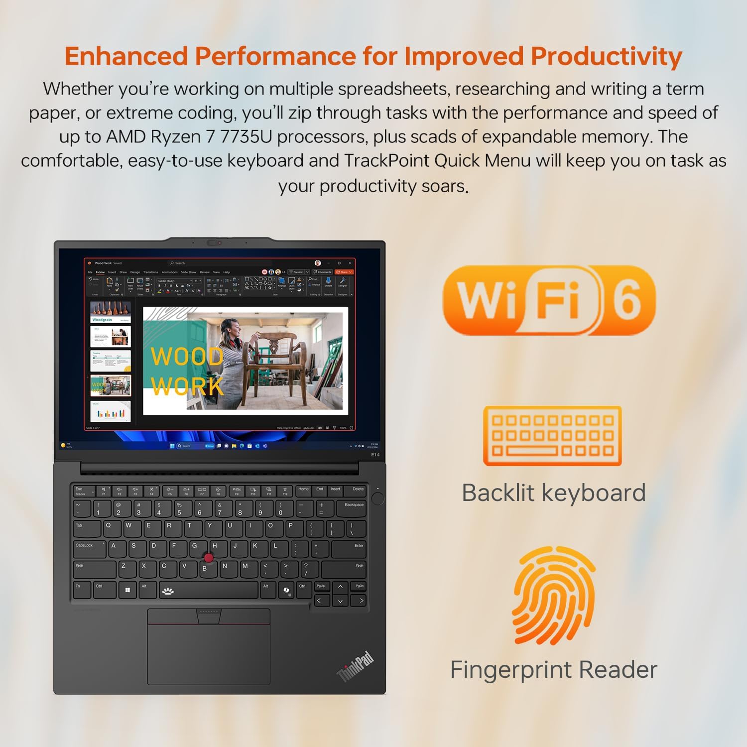 Lenovo ThinkPad E14 Mobile Workstation Laptop, 14" FHD+ 1920 * 1200, AMD Ryzen 7 7735U, 16GB DDR5 RAM, 512GB SSD, Fingerprint, Webcam, Backlit, Wi-Fi