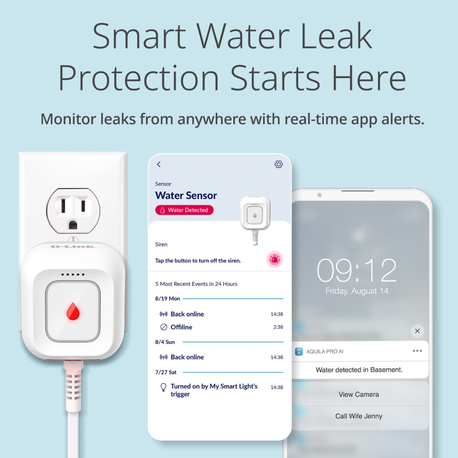 D-Link SW-A11KT Next-Gen WiFi Water Leak Detector Starter Kit with 2 sensors—Loud 100 dB Sound Alarm—App Alert—LED Strobe Light—1000ft Ultra-Long