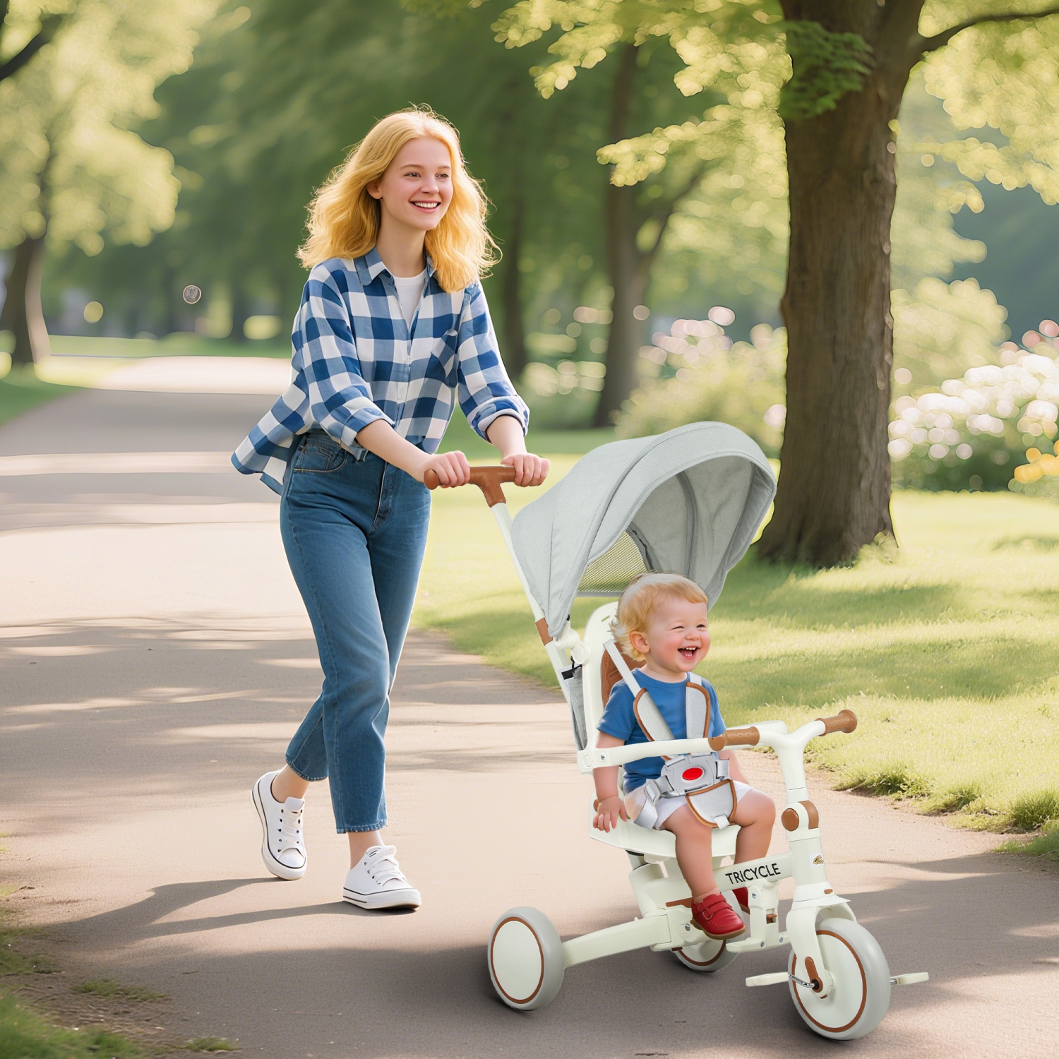 Qaba Toddler Tricycle, 7 in 1 Kids Trike with Adjustable & Removable Parent Handle, Canopy, Safety Harness, Folding Pedal, Storage Bag, Brake,