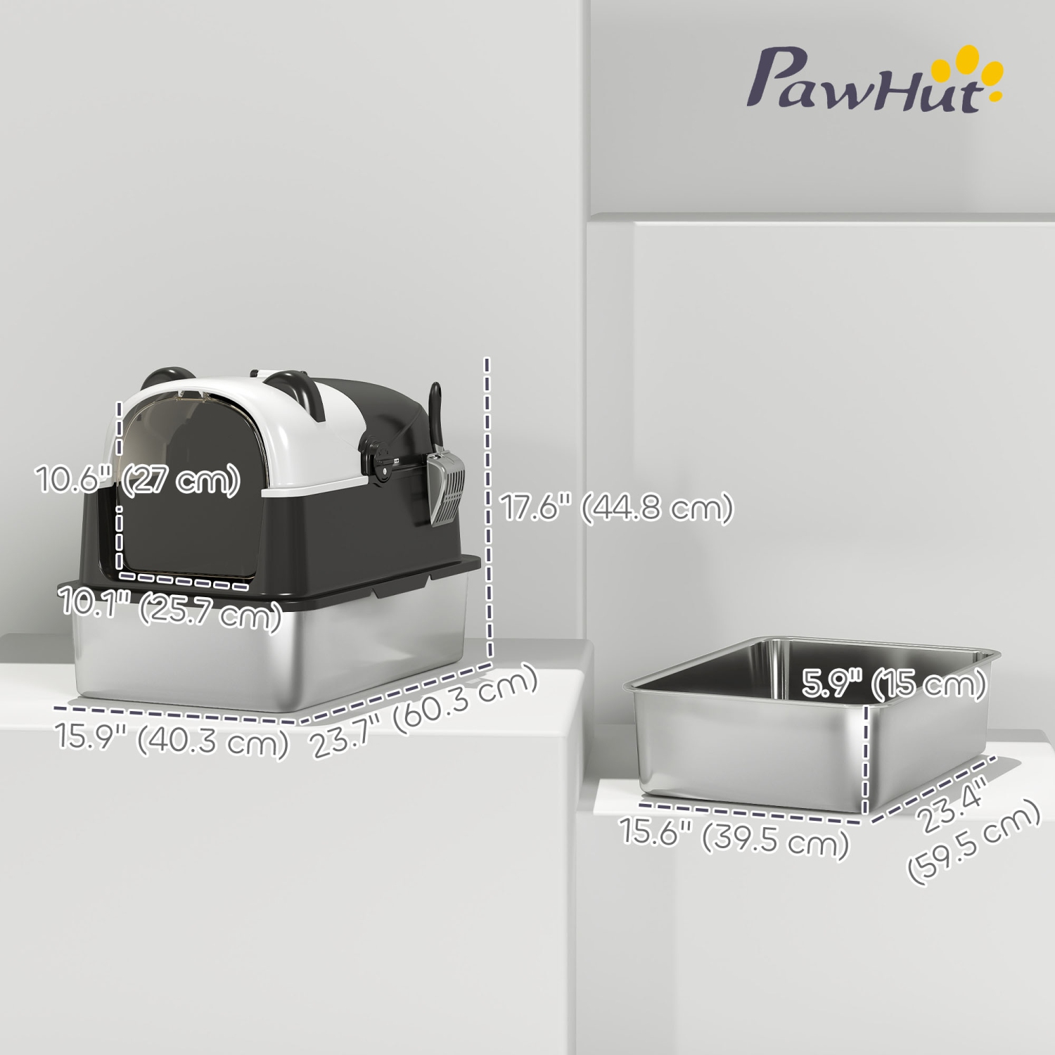 PawHut XL Stainless Steel Cat Litter Box with Lid for Big Cats, Enclosed Kitty Litter Box Panda Style Easy Cleaning, Anti-Leakage, Non-Sticky & Odour