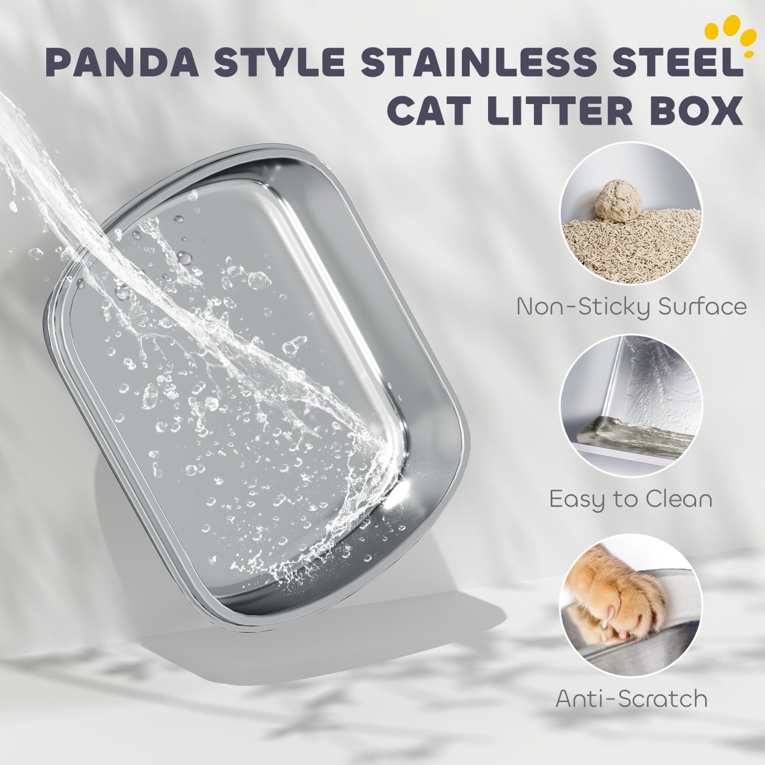 PawHut XL Stainless Steel Cat Litter Box with Lid for Big Cats, Enclosed Kitty Litter Box Panda Style Easy Cleaning, Anti-Leakage, Non-Sticky & Odour