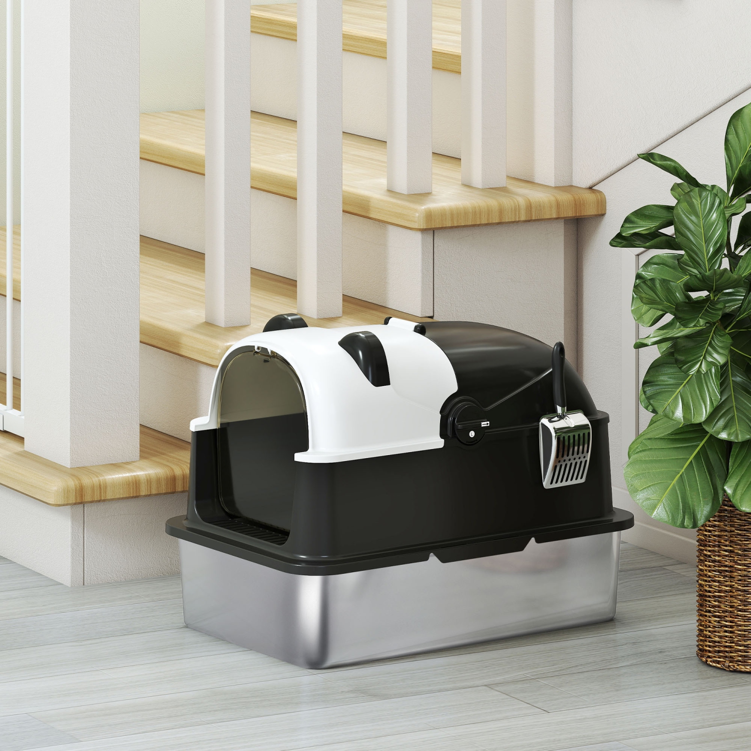 PawHut XL Stainless Steel Cat Litter Box with Lid for Big Cats, Enclosed Kitty Litter Box Panda Style Easy Cleaning, Anti-Leakage, Non-Sticky & Odour