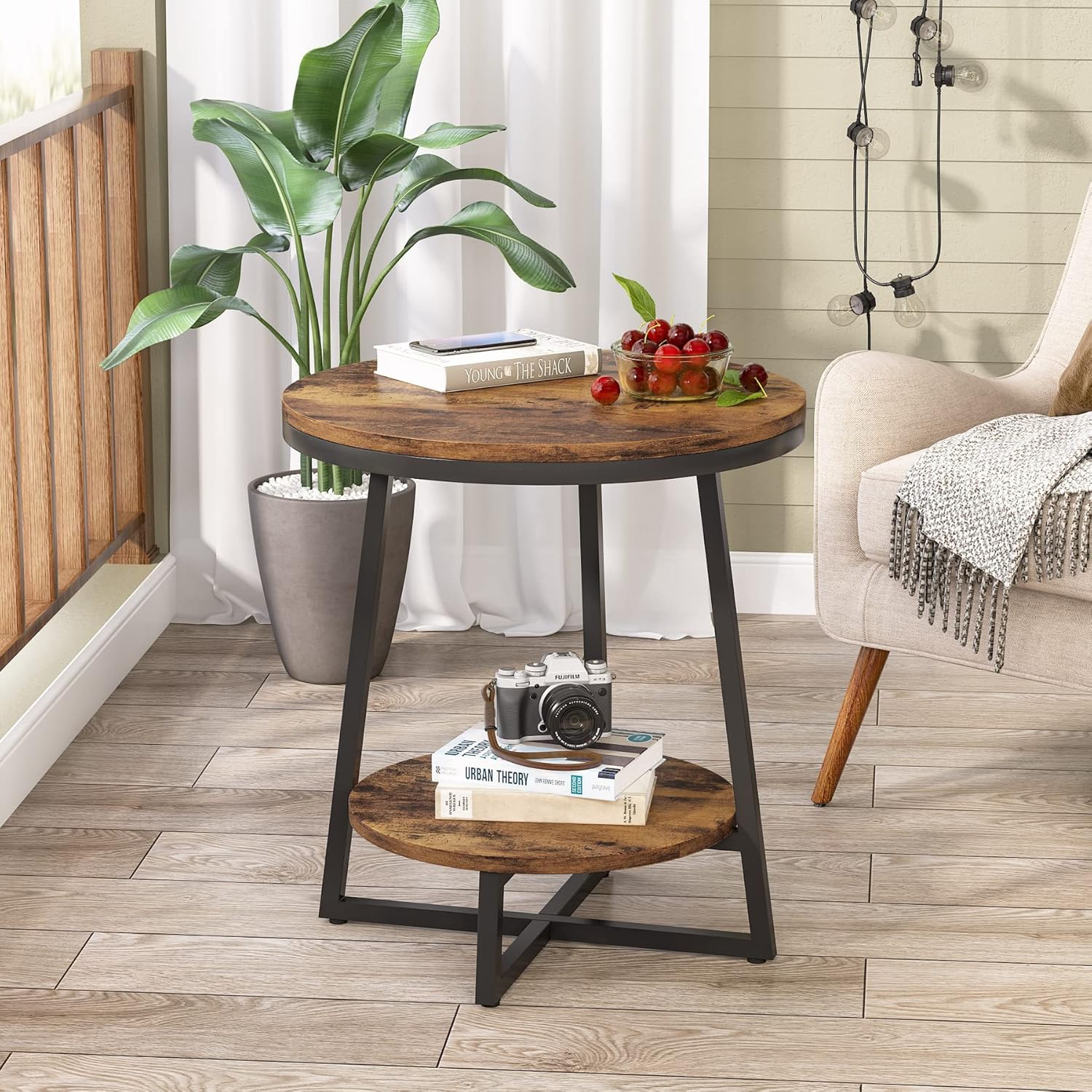 Tribesigns End Table, 2 Tier Round Side Table with Storage Shelf, Industrial Nightstand Bedside Table Coffee Accent Table