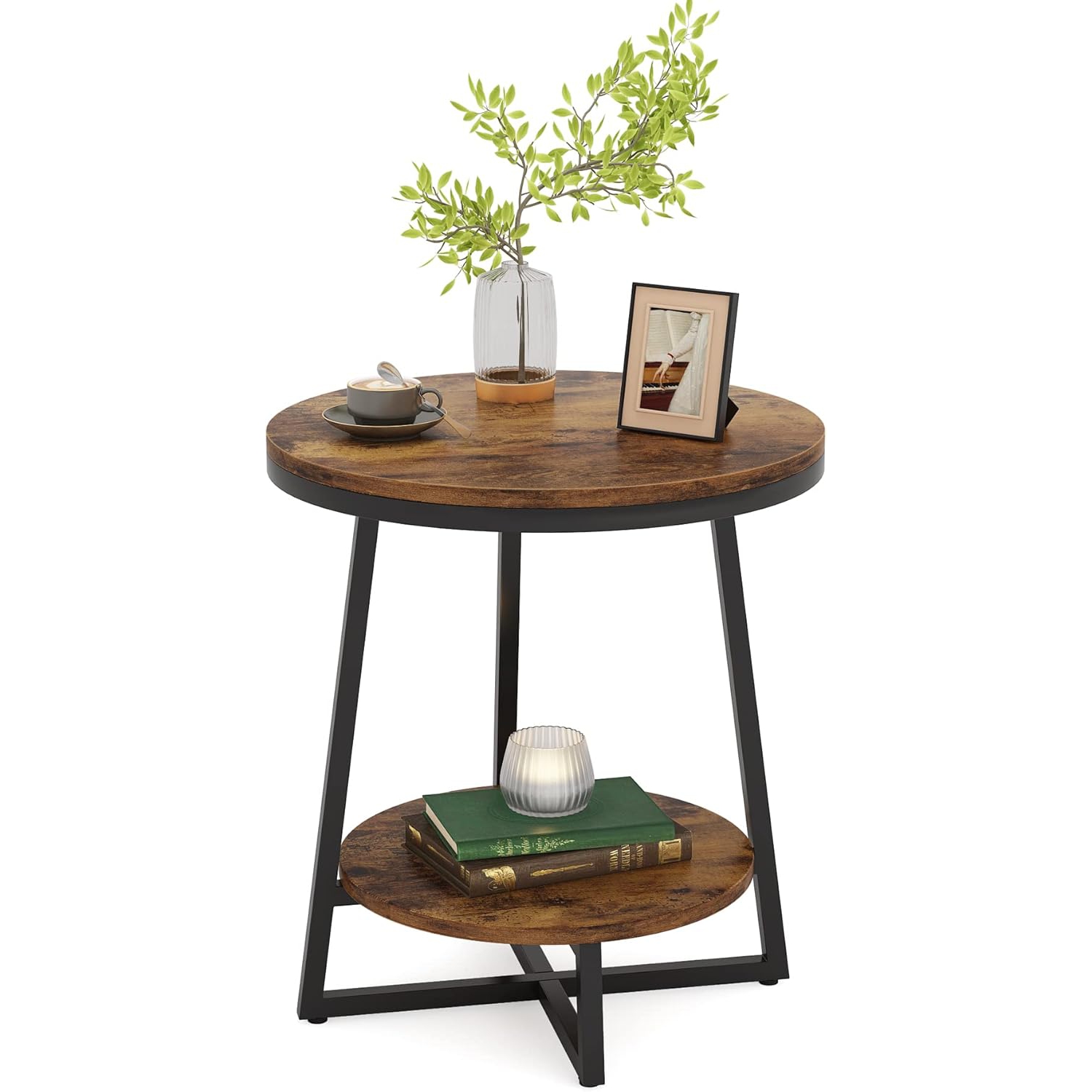 Tribesigns End Table, 2 Tier Round Side Table with Storage Shelf, Industrial Nightstand Bedside Table Coffee Accent Table
