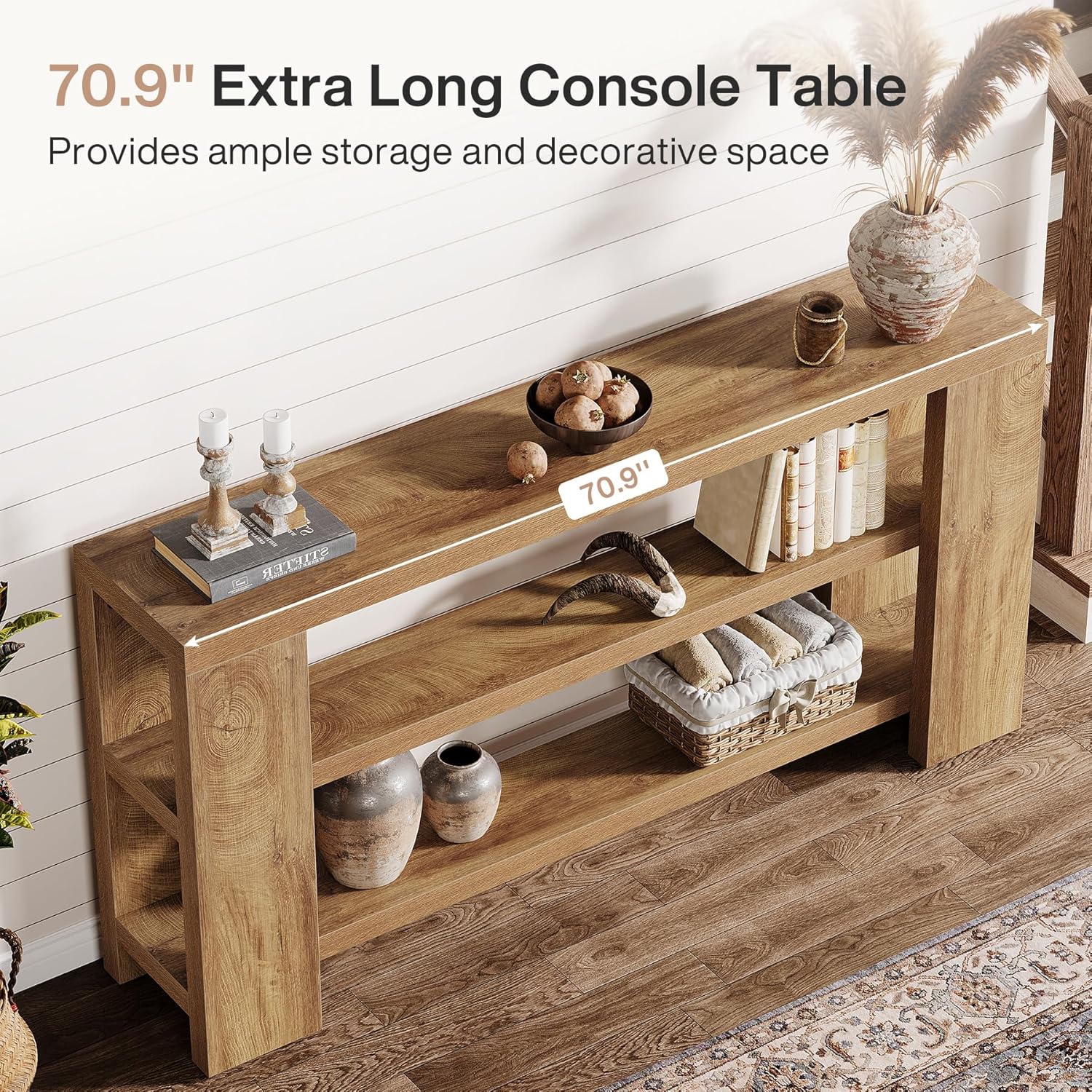 Tribesigns 70.9-Inch Extra Long Console Table, Narrow Wooden Sofa Table, Farmhouse 3-Tier Entry Foyer Table