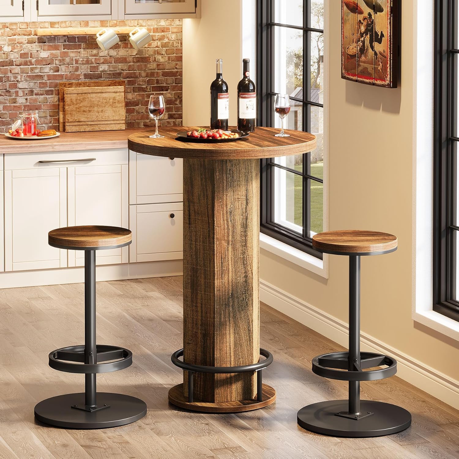 Tribesigns Round Bar Table with Chairs, Industrial Bistro Sets with 2 barstools, Pub Cocktail Table