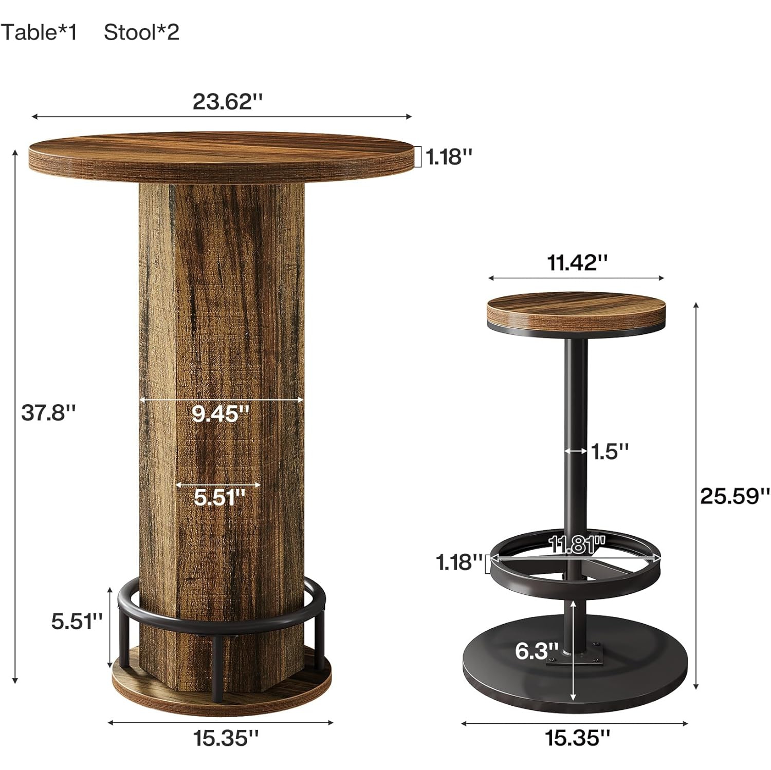 Tribesigns Round Bar Table with Chairs, Industrial Bistro Sets with 2 barstools, Pub Cocktail Table