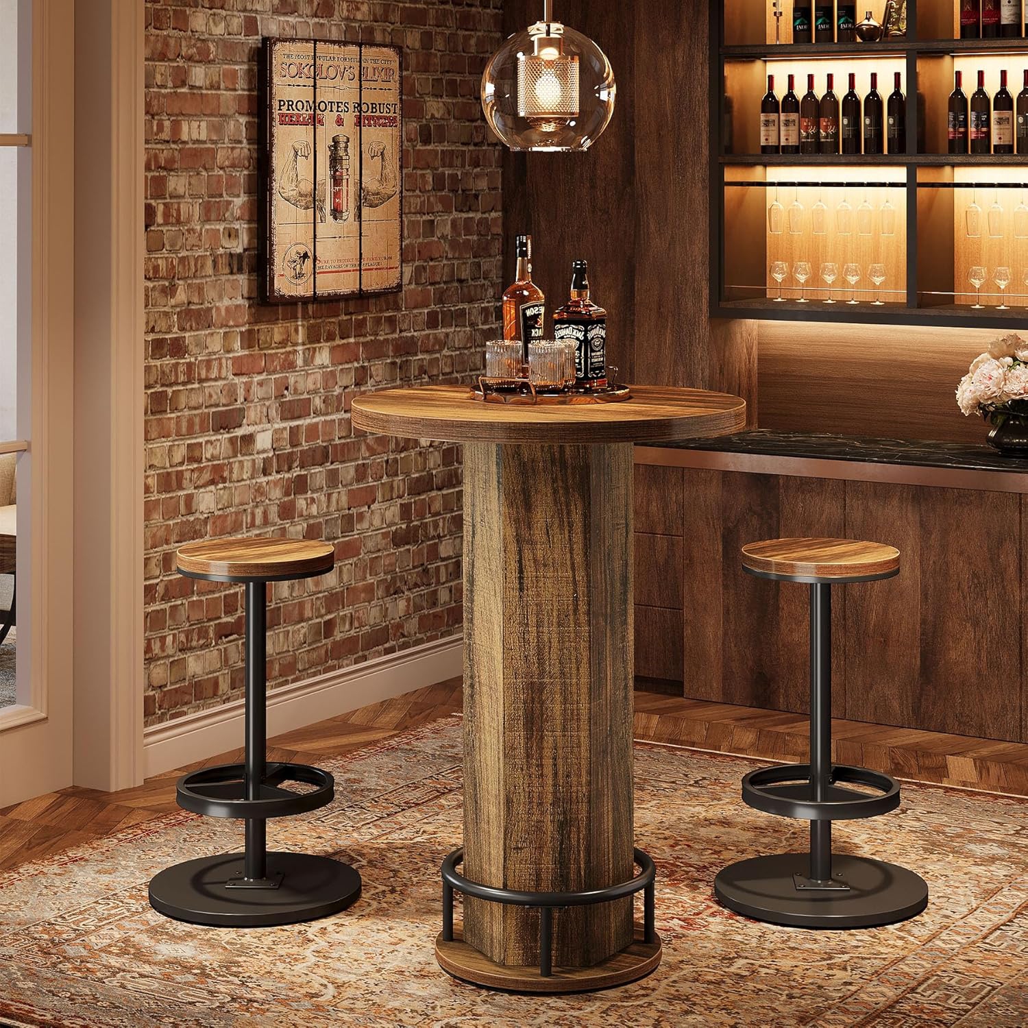 Tribesigns Round Bar Table with Chairs, Industrial Bistro Sets with 2 barstools, Pub Cocktail Table