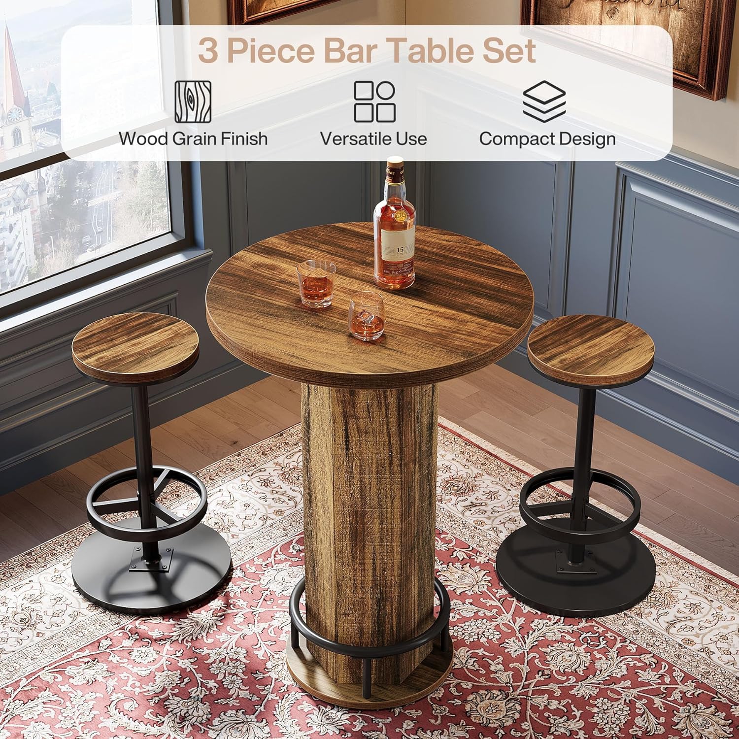 Tribesigns Round Bar Table with Chairs, Industrial Bistro Sets with 2 barstools, Pub Cocktail Table