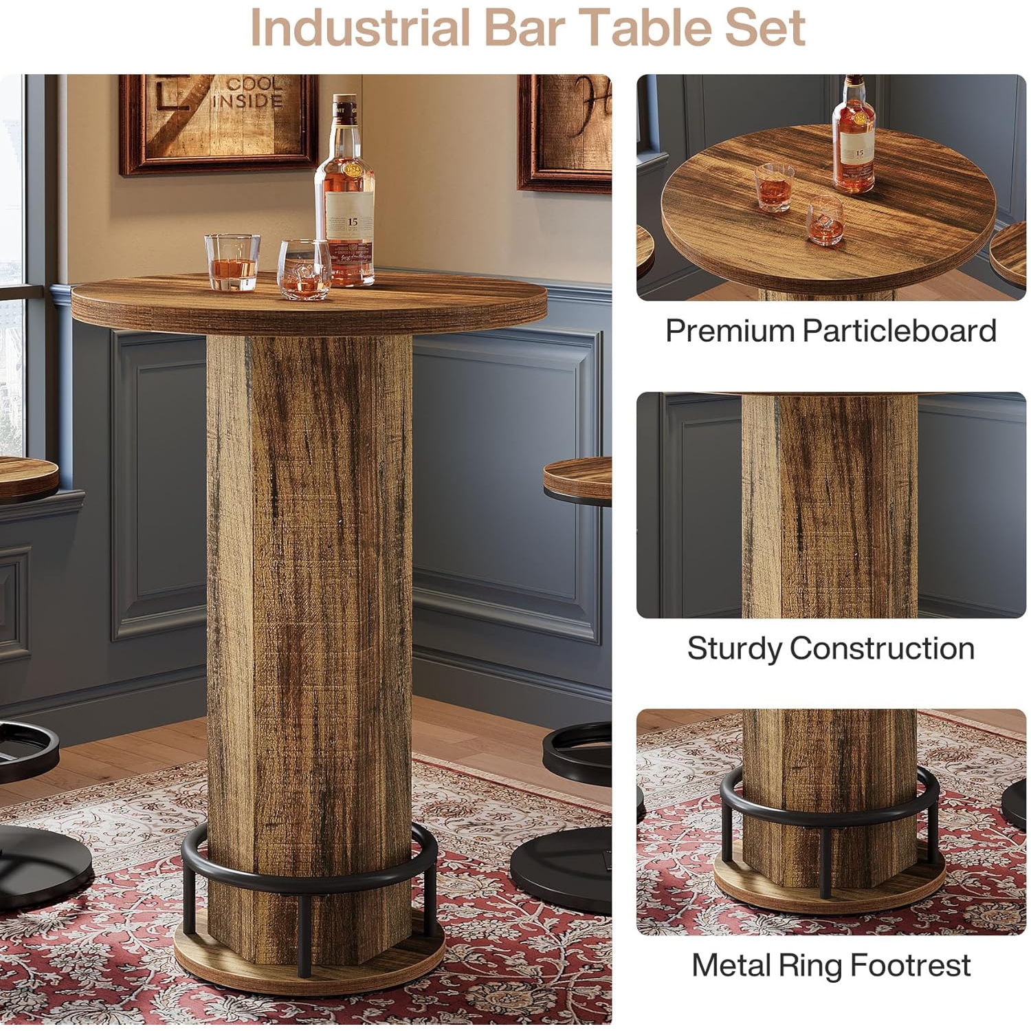 Tribesigns Round Bar Table with Chairs, Industrial Bistro Sets with 2 barstools, Pub Cocktail Table
