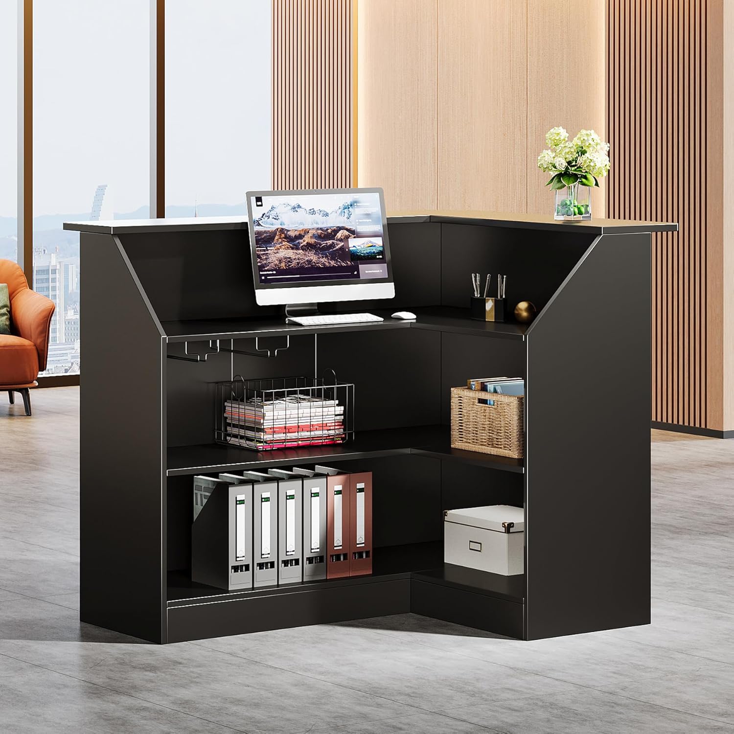 Tribesigns Reception Desk with Storage Shelves, L-Shaped Modern Front Desk, Reception Counter Table