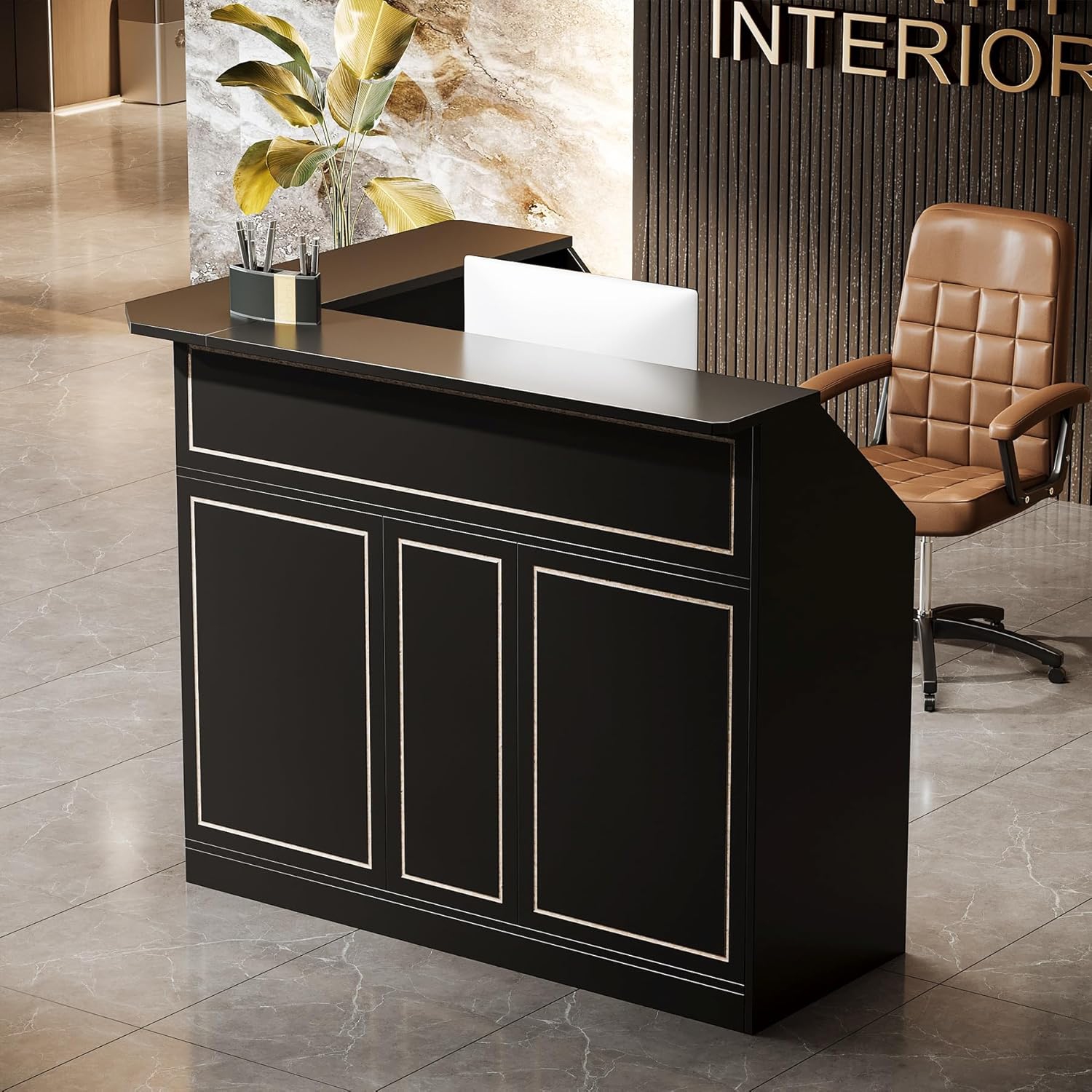 Tribesigns Reception Desk with Storage Shelves, L-Shaped Modern Front Desk, Reception Counter Table