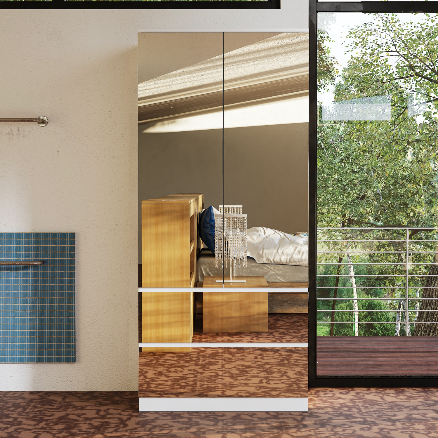 Famapy White 2-Door 2-Drawer Mirrored Wardrobe Cabinet with Real Glass Front, Modern Bedroom Storage, Silver