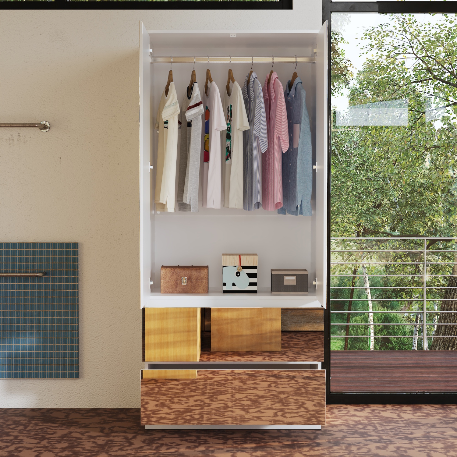 Famapy White 2-Door 2-Drawer Mirrored Wardrobe Cabinet with Real Glass Front, Modern Bedroom Storage, Silver